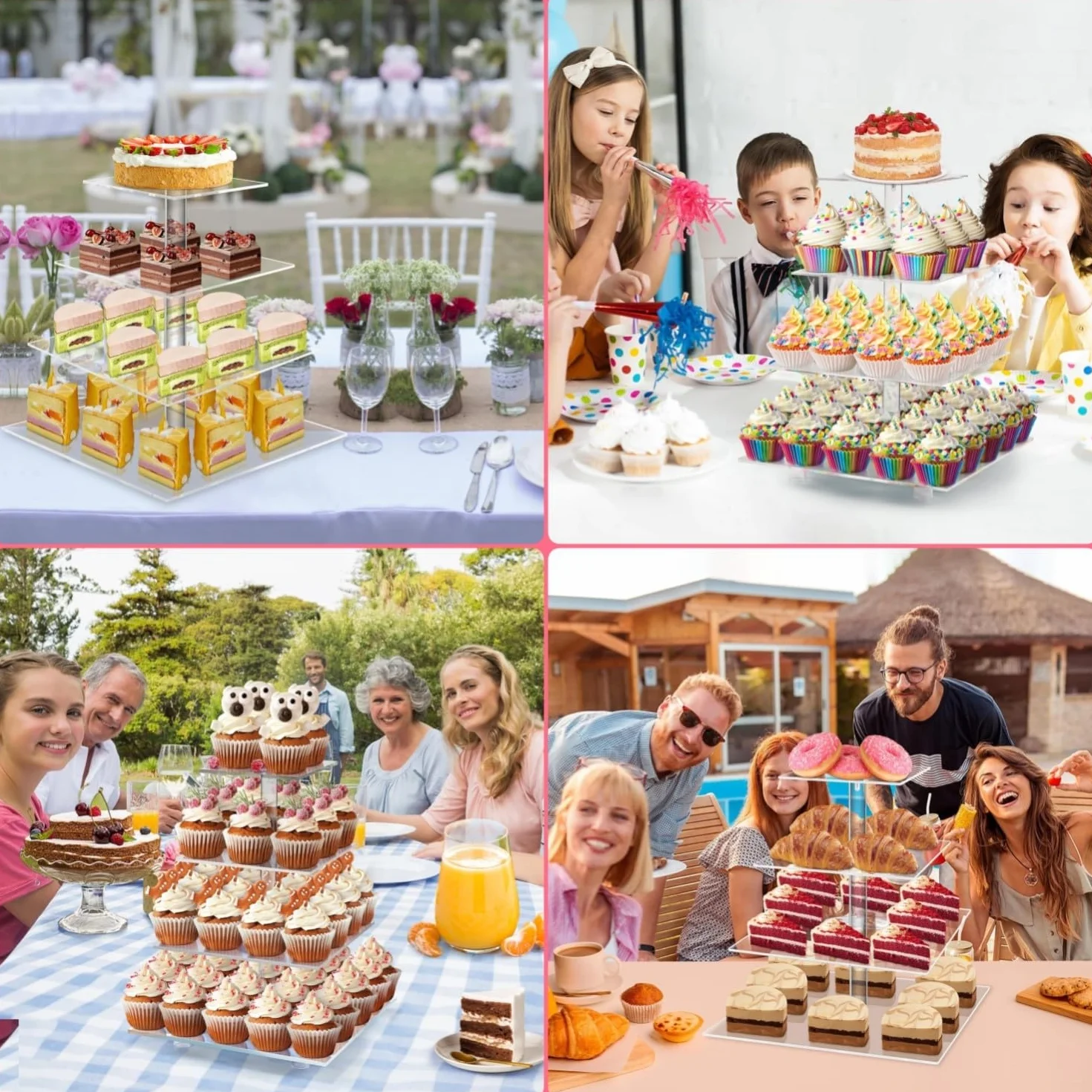LATERN 4-poziomowy stojak na babeczki, kwadratowa akrylowa wieża na babeczki, przezroczysty wielopoziomowy stojak prezentacyjny, wielokrotnego użytku uchwyt na ciasta i desery na wesele, urodziny