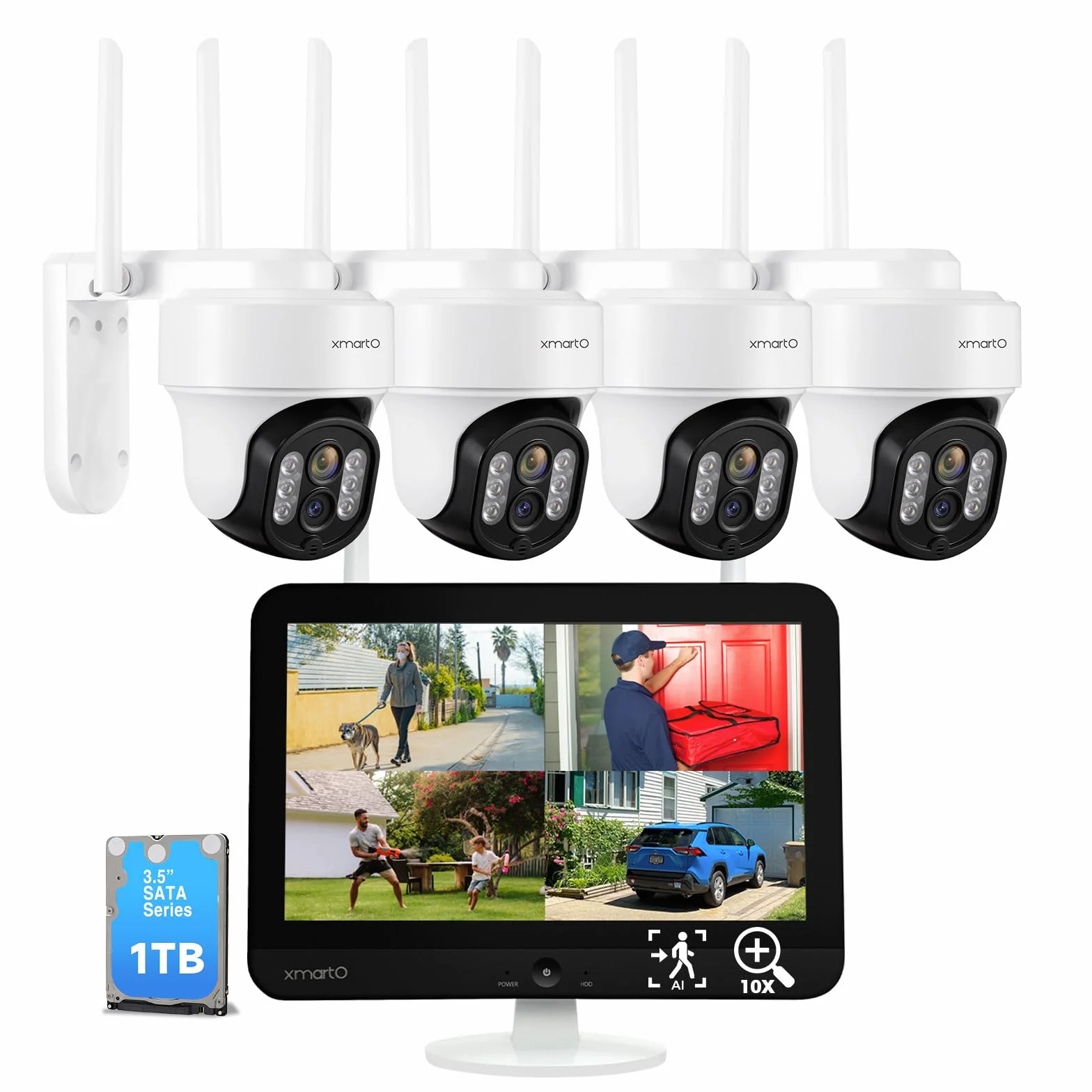 [WiFi 6 i 10-krotny zoom] XMARTO zewnętrzny bezprzewodowy system kamer bezpieczeństwa PTZ z 10-krotnym zoomem i automatycznym śledzeniem AI, kamery z dwoma obiektywami 6 MP, 12-calowy monitor LCD NVR
