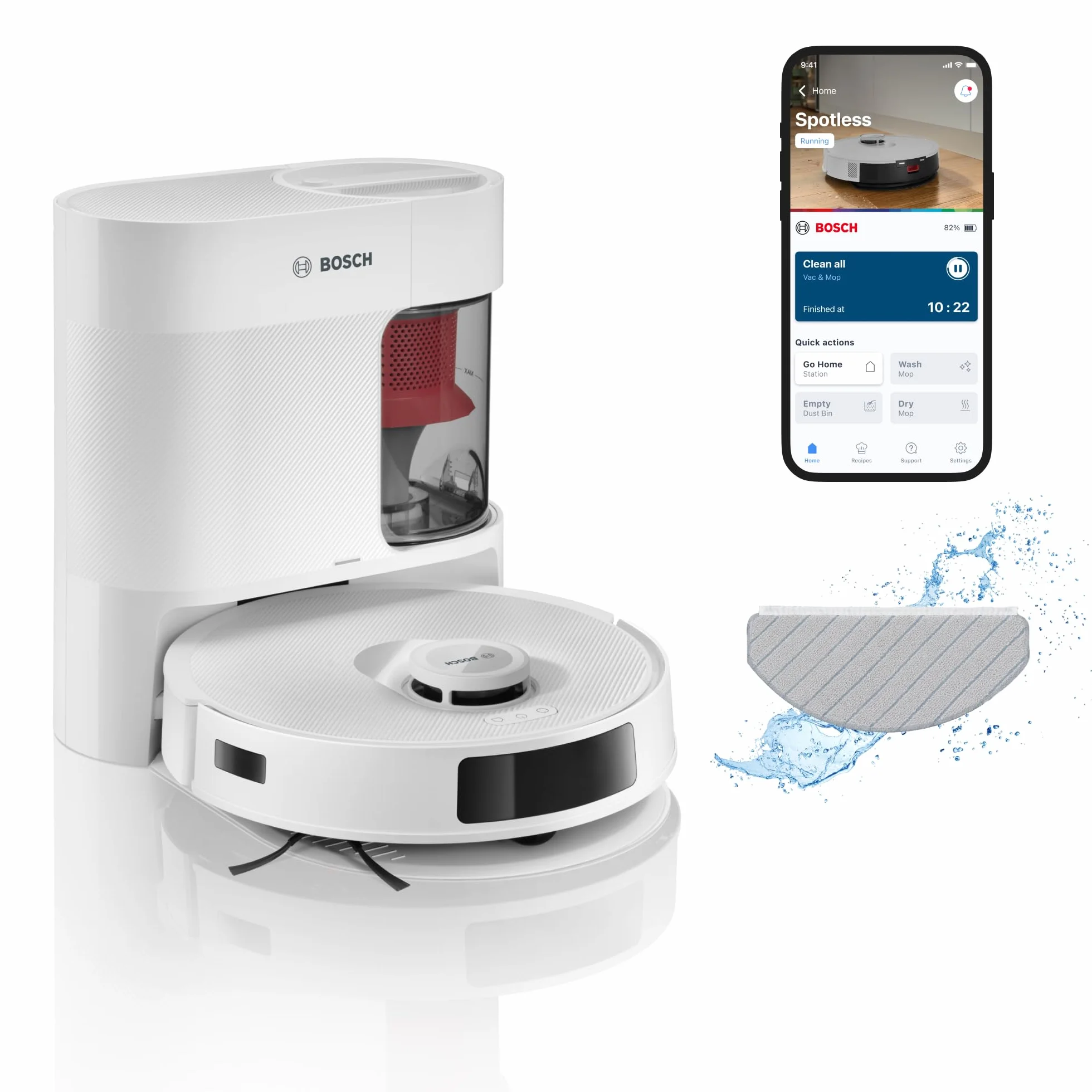 Bosch Spotless+ Robot sprzątający z funkcją mopowania, moc ssania 11 000 Pa, statyczna nakładka mopującą, stacja czyszczącą, nawigacją Smart Vision, aplikacja Bosch Home Connect, BCRD1W, biały