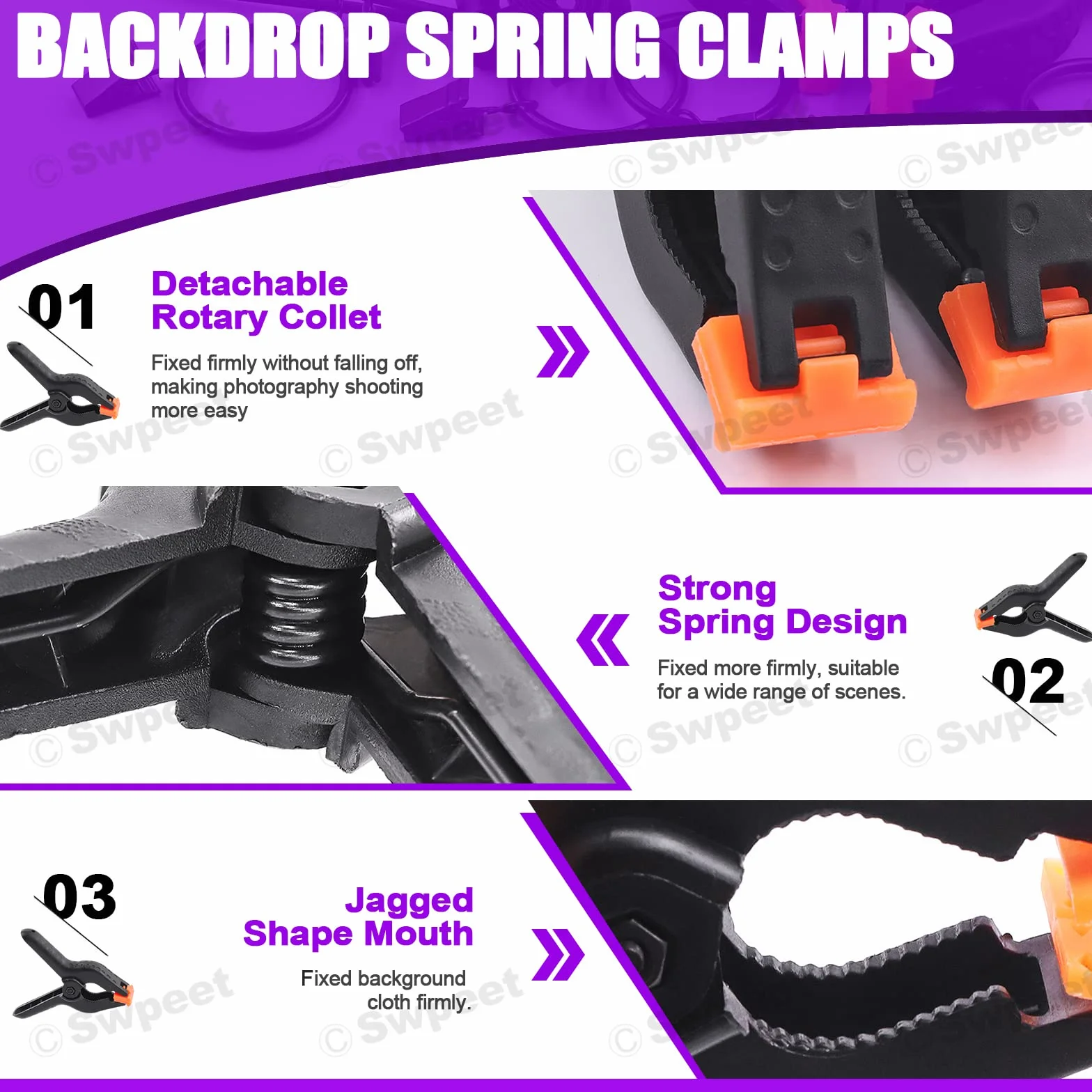 Swpeet Zestaw zacisków do tła fotograficznego, 10 szt. pierścieni do zasłon z klipsami, 6 szt. zacisków sprężynowych w tle i 6 szt. skórzanych klipsów w tle