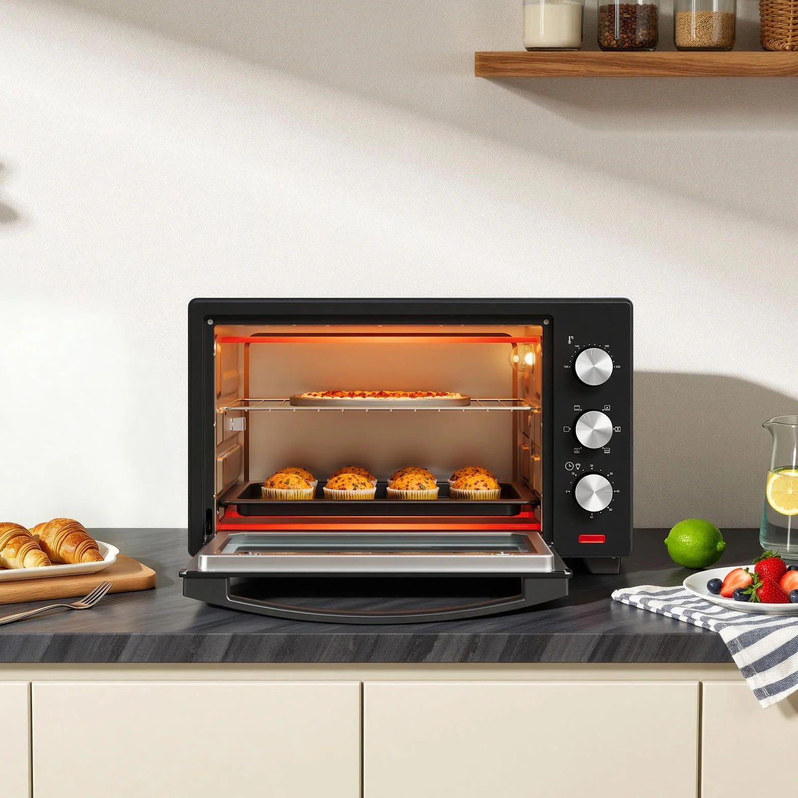 WOLTU mini piekarnik 32 litry, toster 1600 Watt | Piec do pizzy | Wyjmowana tacka na okruchy z minipiekarnikiem z timerem do pizzy, tostów, indyka, hot-dogów, czarnych