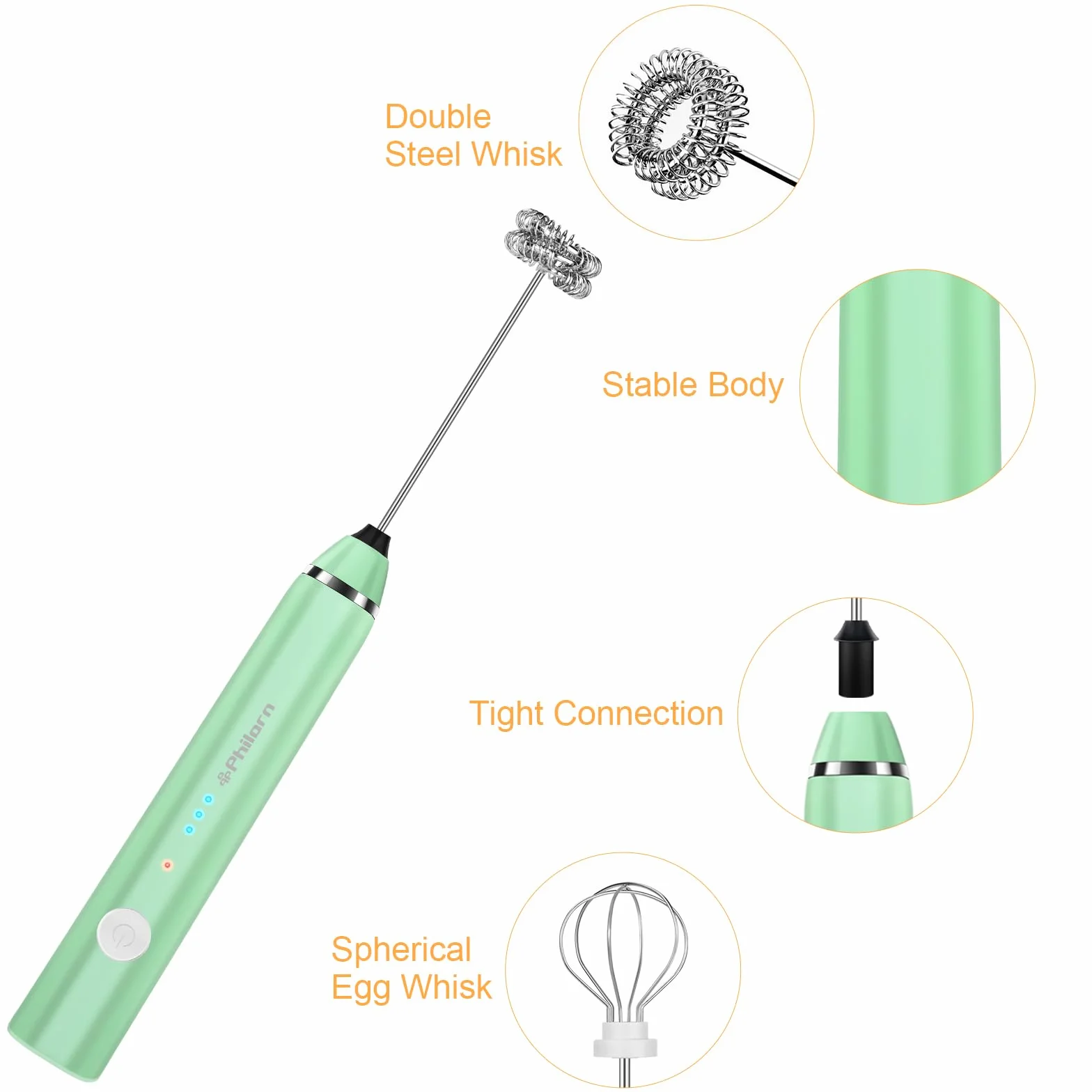 Philorn Ręczny spieniacz do mleka 3-biegowy USB-C zielony