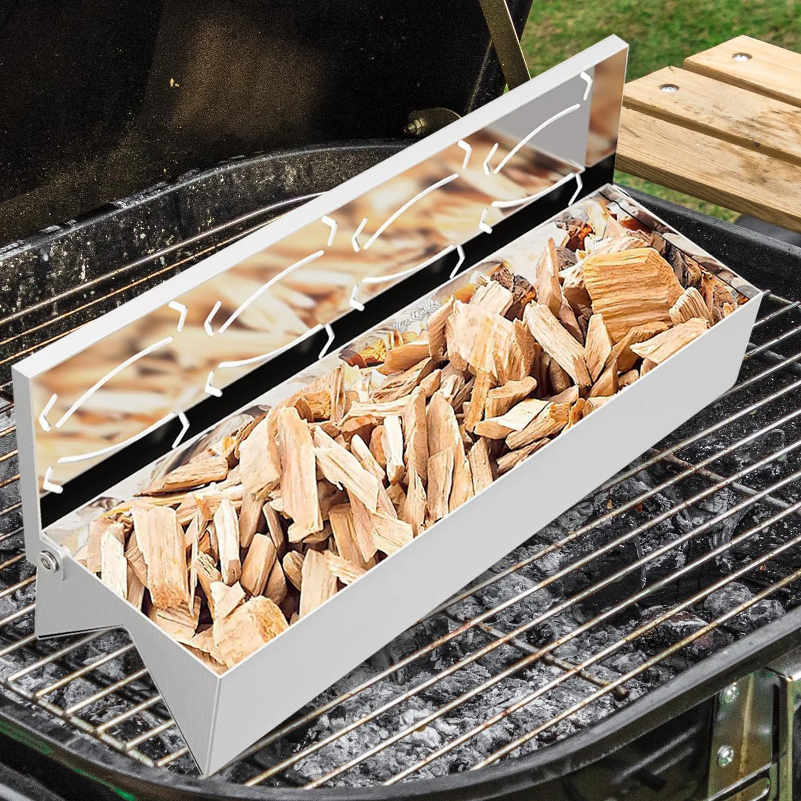 Skrzynka do wędzenia, pojemnik na wiórki do BBQ, stal nierdzewna, 30x8x6cm, zawiasowa pokrywa, konstrukcja ze stali nierdzewnej, łatwa w użyciu, idealna do grilli gazowych, węglowych i elektryc