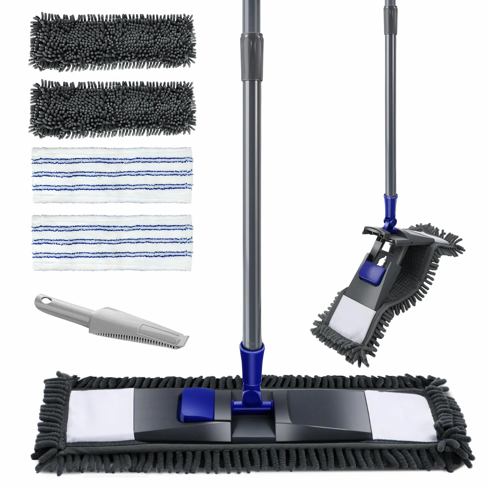 Myiosus Mop podłogowy, mop, obrót o 360°, z uchwytem teleskopowym 128 cm, płaski mop z 4 podkładkami, mop z mikrofibry do twardego drewna, laminatu, płytek, szybkie usuwanie