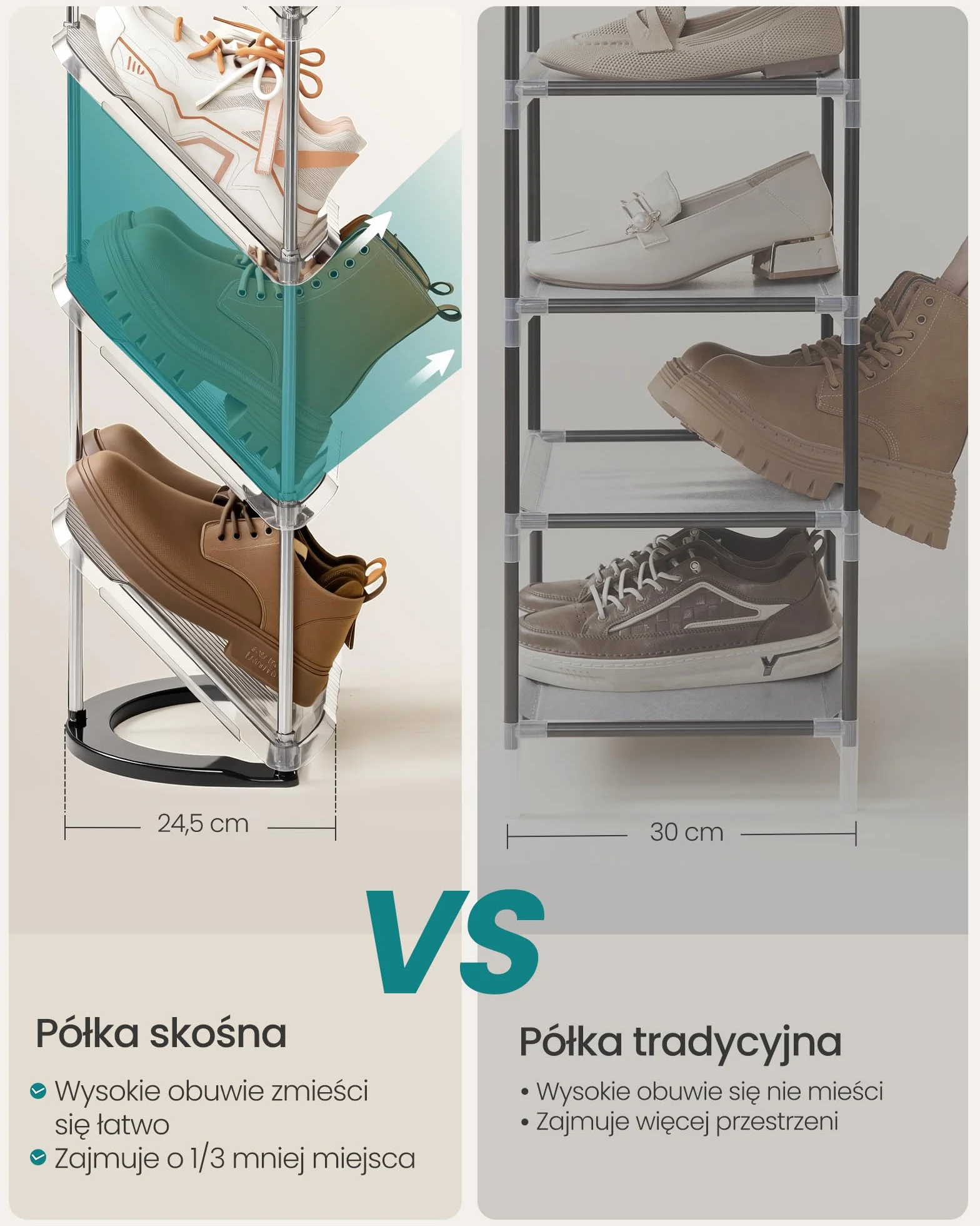 SONGMICS Półka na buty, 5 poziomów, zestaw 2 szt., skośna półka na buty, organizer na buty, plastik, 24,5 x 28,4 x 102,5 cm, elastyczne opcje łączenia, wejście, korytarz, garderoba, szary LPC050GZ01