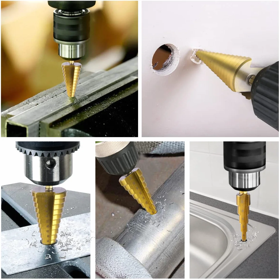 flintronic Zestaw wierteł stopniowych, 3 szt., 4 mm do 12, 20, 32 mm, ze stali szybkotnącej HSS powlekane tytanem, wiertło stożkowe z podwójnym rowkiem, do tworzywa sztucznego, drewna, metalu