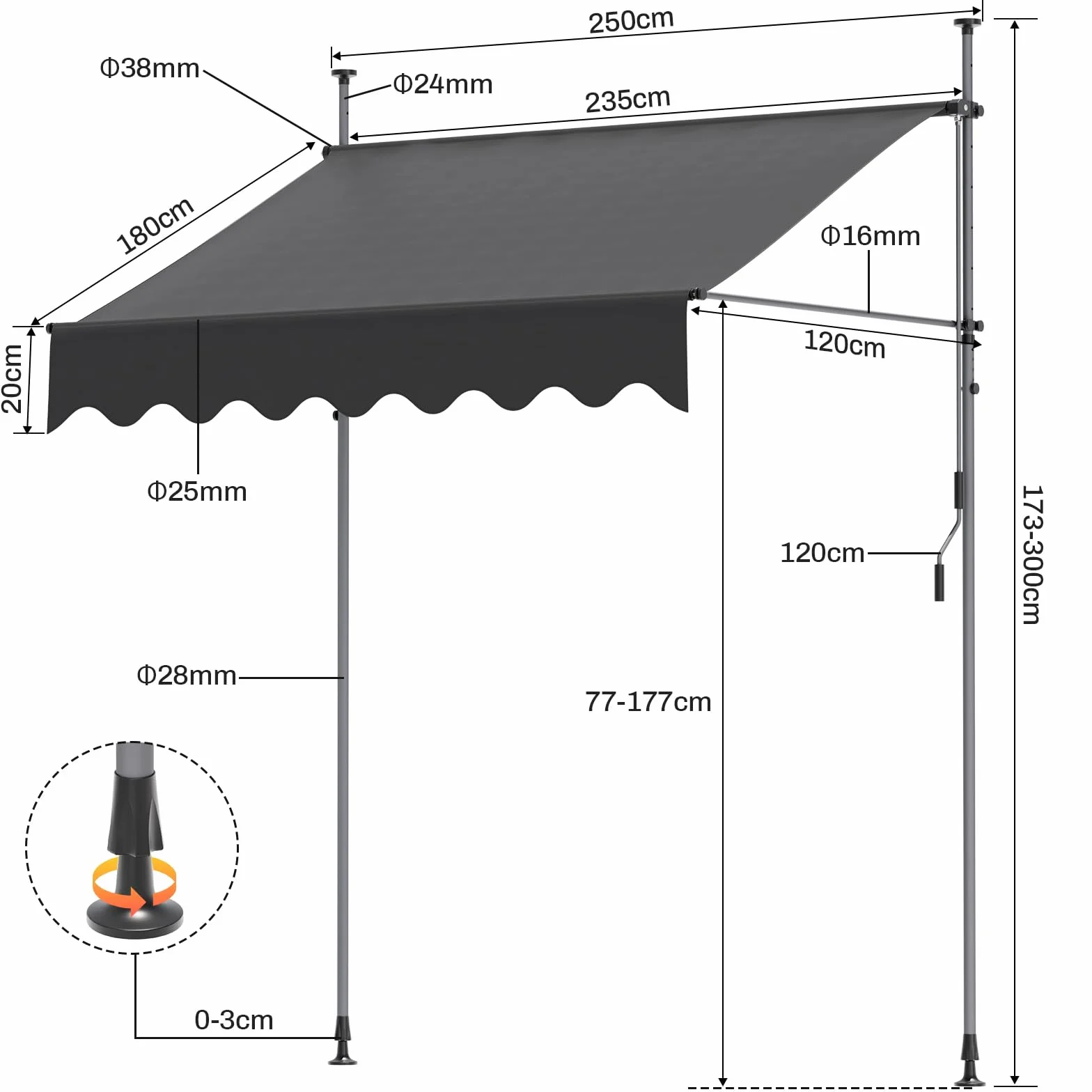 LIFERUN Markiza zaciskowa, bez wiercenia, 250 cm, z korbą ręczną, balkonowa, ochrona przed słońcem, wodoszczelna, odporna na działanie promieni UV, z regulacją wysokości, odporna na działanie wody
