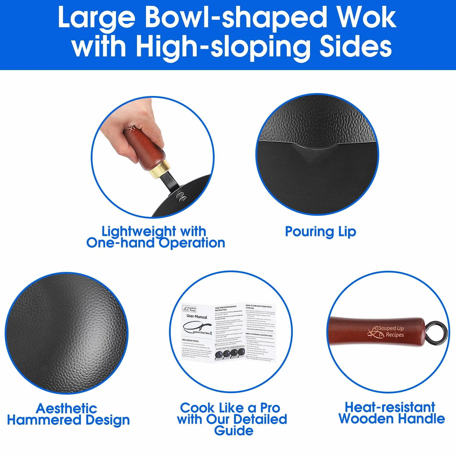 Souped Up Recipes Wok ze stali węglowej 25 cm do kuchenek indukcyjnych gazowych z pokrywą
