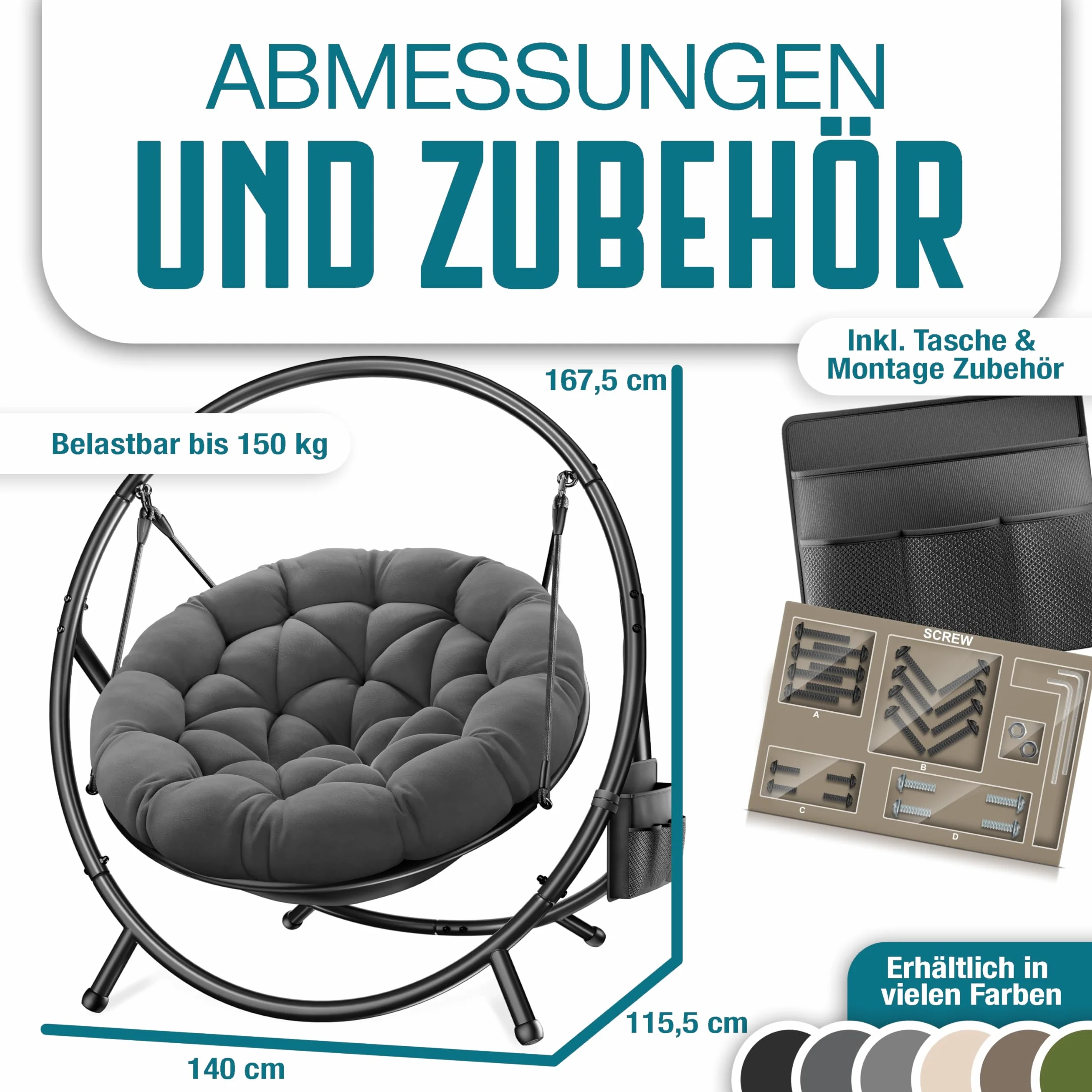 KESSER® Fotel wiszący ze stalowym stelażem, huśtawka, do 150 kg, do użytku wewnątrz i na zewnątrz, z poduszką i kieszenią boczną, kosz wiszący, piankowa poduszka, idealny do salonu i ogrodu