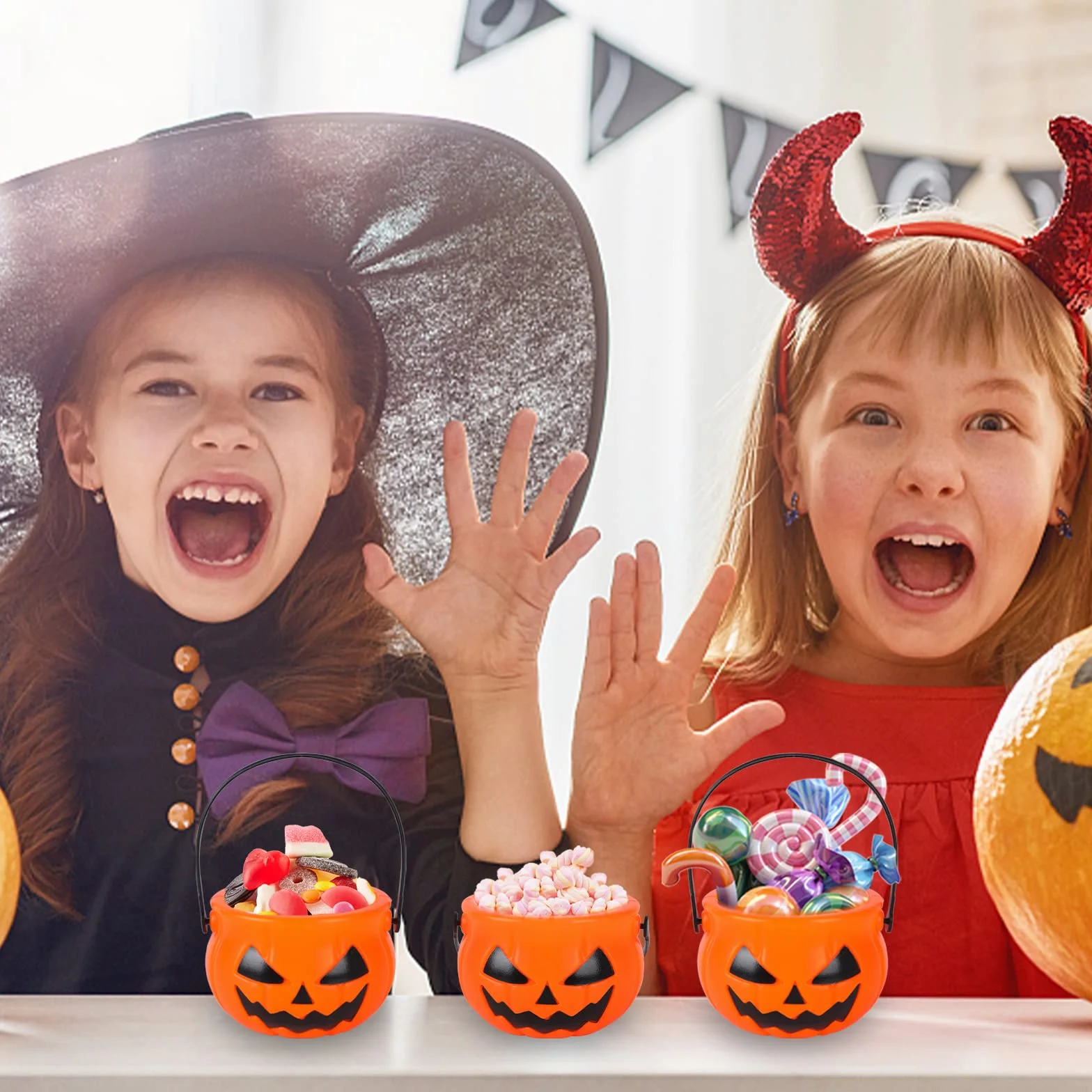 10 sztuk wiaderek na Halloween na słodycze z uchwytem, kociołek na słodycze lub słodycze, dla dzieci, na imprezę halloweenową, akcesoria