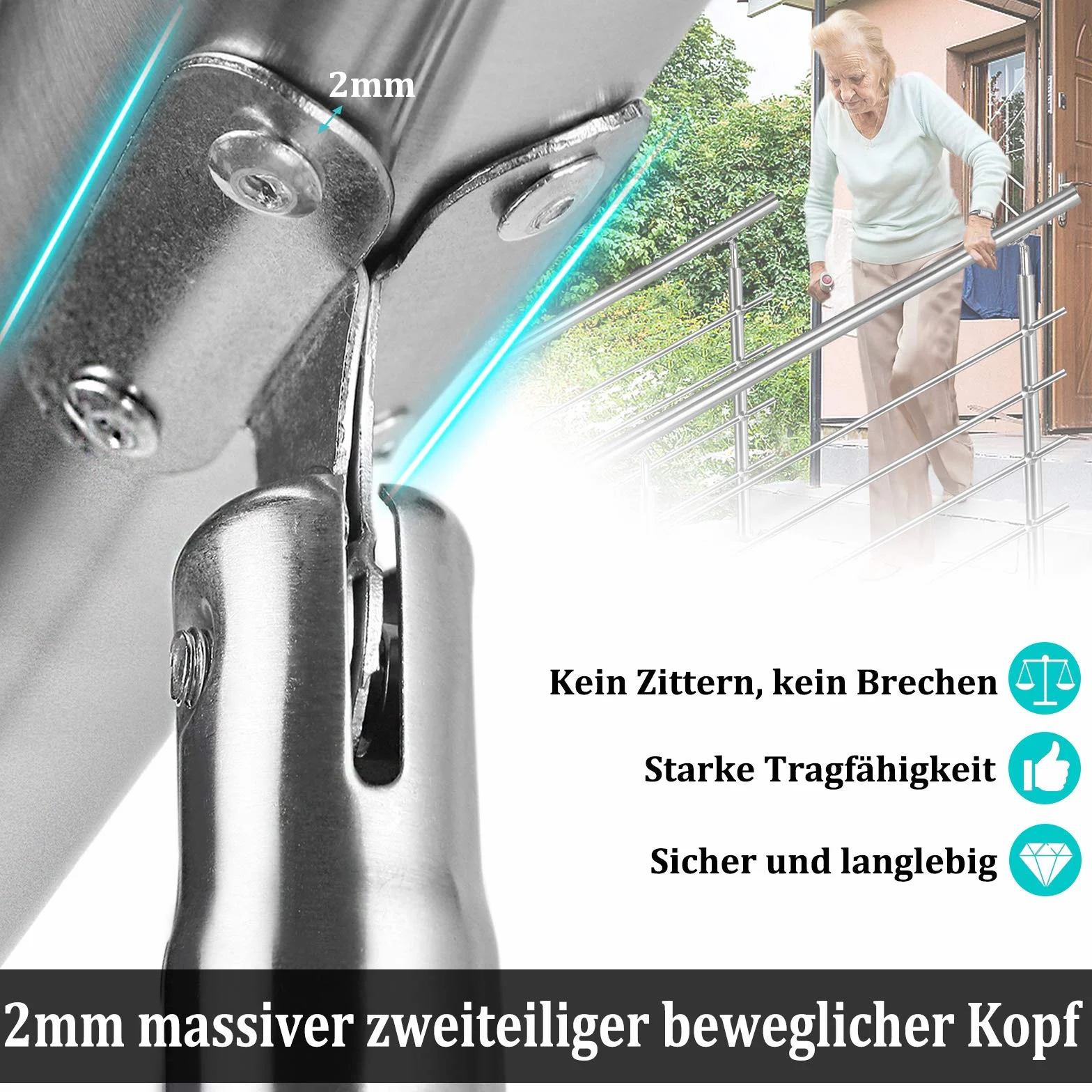 Aufun Poręcz ze stali nierdzewnej, 160 cm, poręcz schodowa do wewnątrz i na zewnątrz, z 2 słupkami, do schodów, balustrady, na balkon (160 cm, 2 poprzeczki)