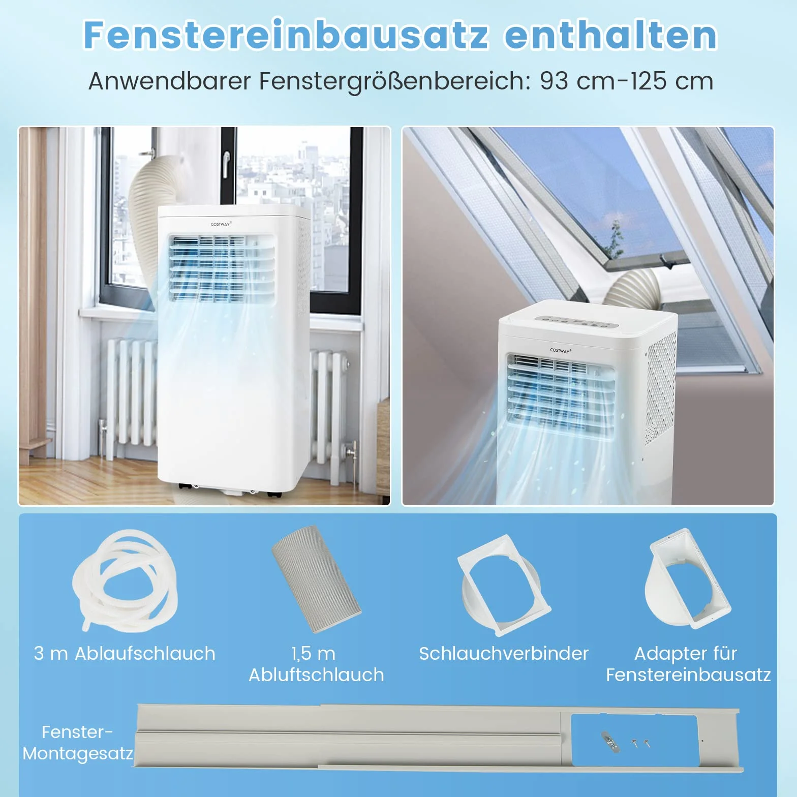 COSTWAY Mobilna klimatyzacja, 9000 BTU, 2,6 kW, chłodzenie, wentylacja i osuszanie, klimatyzator z wężem wylotowym, WiFi, aplikacja, zdalna obsługa, przenośna klimatyzacja