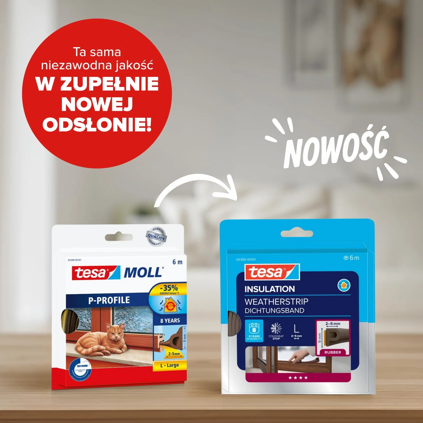 tesa INSULATION L uszczelka gumowa - Samoprzylepna uszczelka do izolacji szczelin w oknach i drzwiach - Brązowa - 6 m x 9 mm x 5,5 mm