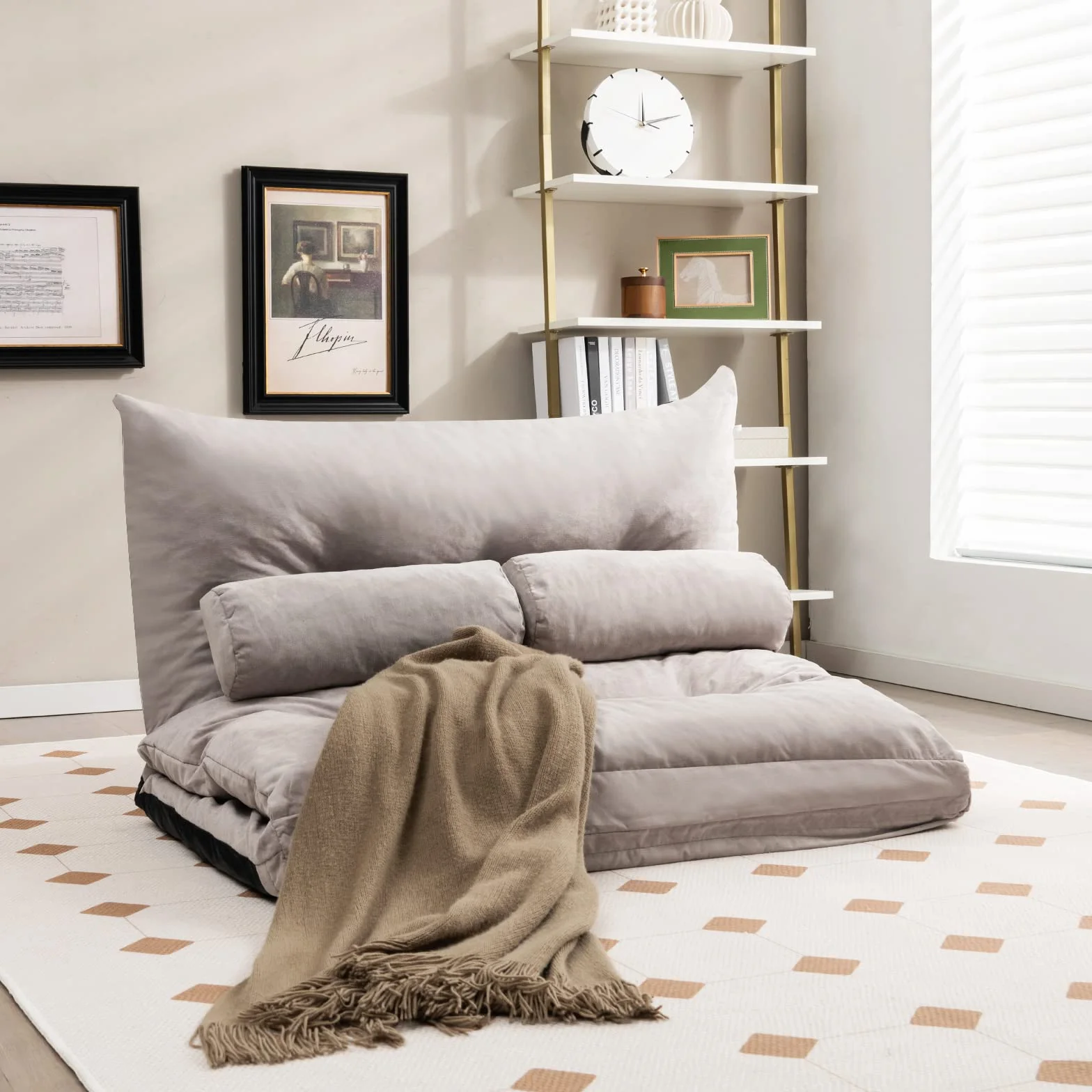 COSTWAY Składana sofa podłogowa 3 w 1 z funkcją spania i regulowanym oparciem, sofa z 2 poduszkami lędźwiowymi, składana sofa, fotel do spania do salonu i sypialni, kolor szary, TG32341SDDE