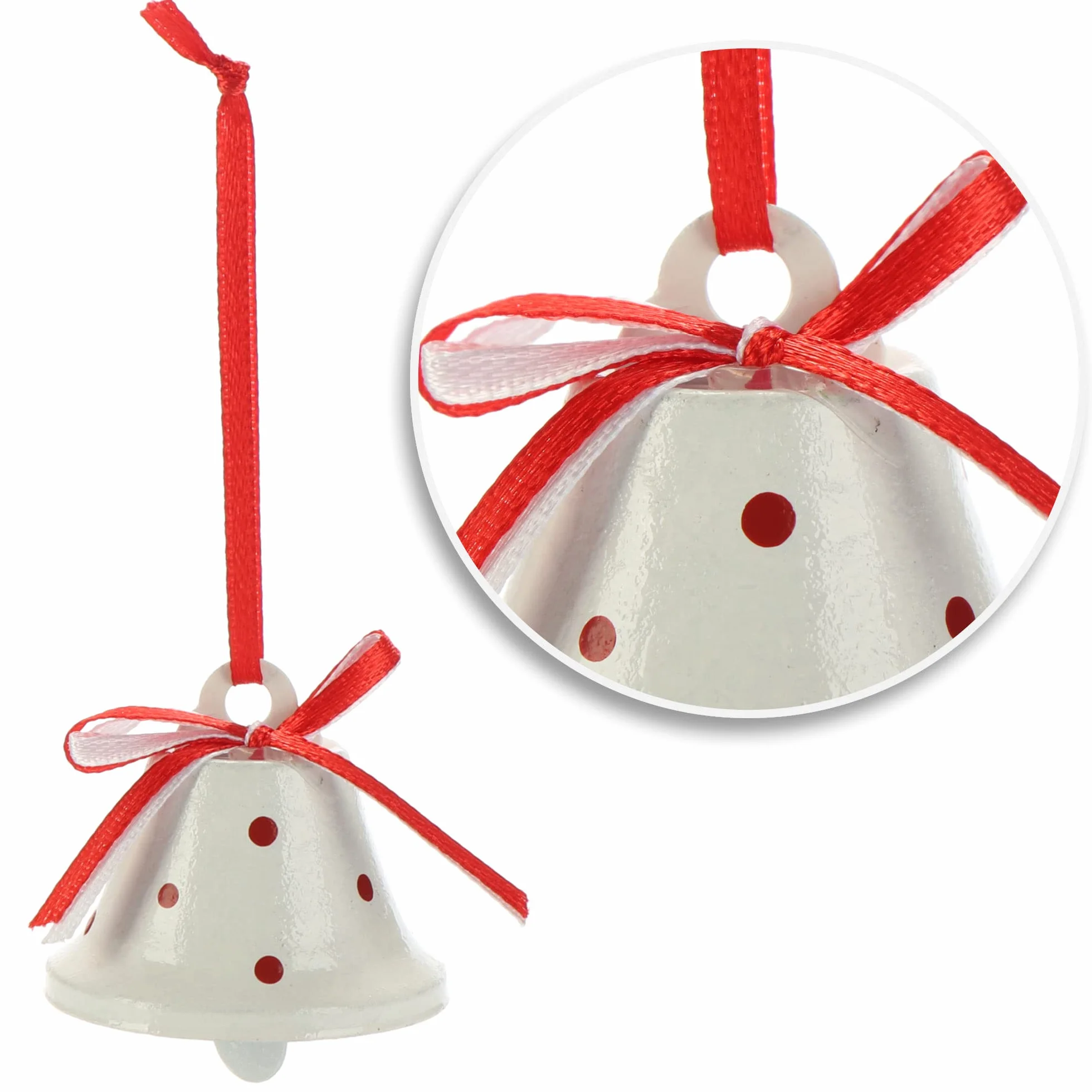 com-four® 6x ozdoby wiszace na Boze Narodzenie 4,5 cm Ø - dzwonki metalowe do zawieszenia - ozdobne dzwonki blaszane jako zawieszki do okien, drzwi i choinek (czerwony bialy zielony)