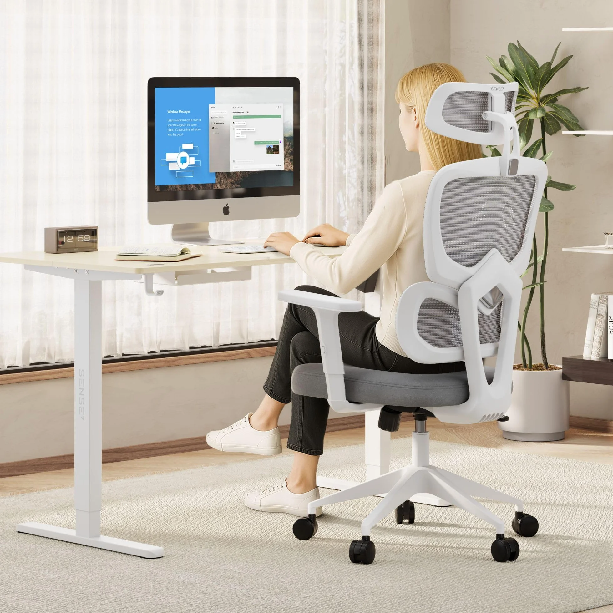 SENSE7 VENO Fotel Biurowy Ergonomiczny – Oddychająca Siatka, Regulowany Zagłówek i Podłokietniki, Ciche Kauczukowe Kółka, Stylowy Design, Komfort i Stabilność dla Pracy i Relaksu