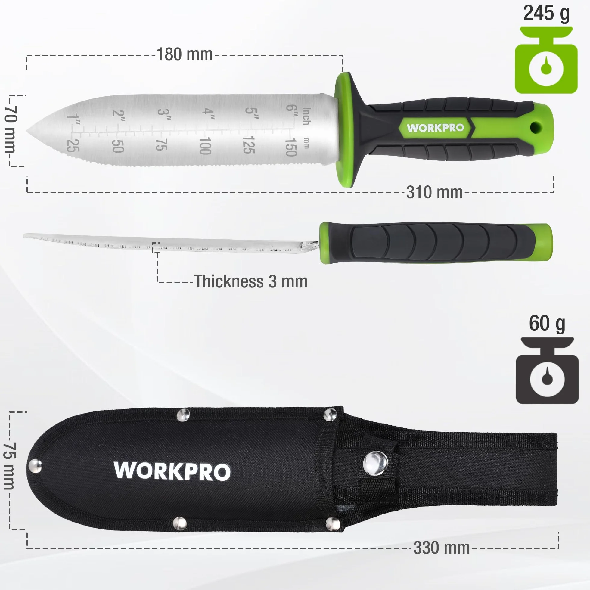 WORKPRO Hori Hori Garden Knife, 7" Stainless Steel Blade with Cutting Edge, Garden Tools with Oxford Sheath, Ergonomic TRP Handle with Hanging Hole for Weeding, Planting, Digging, Green