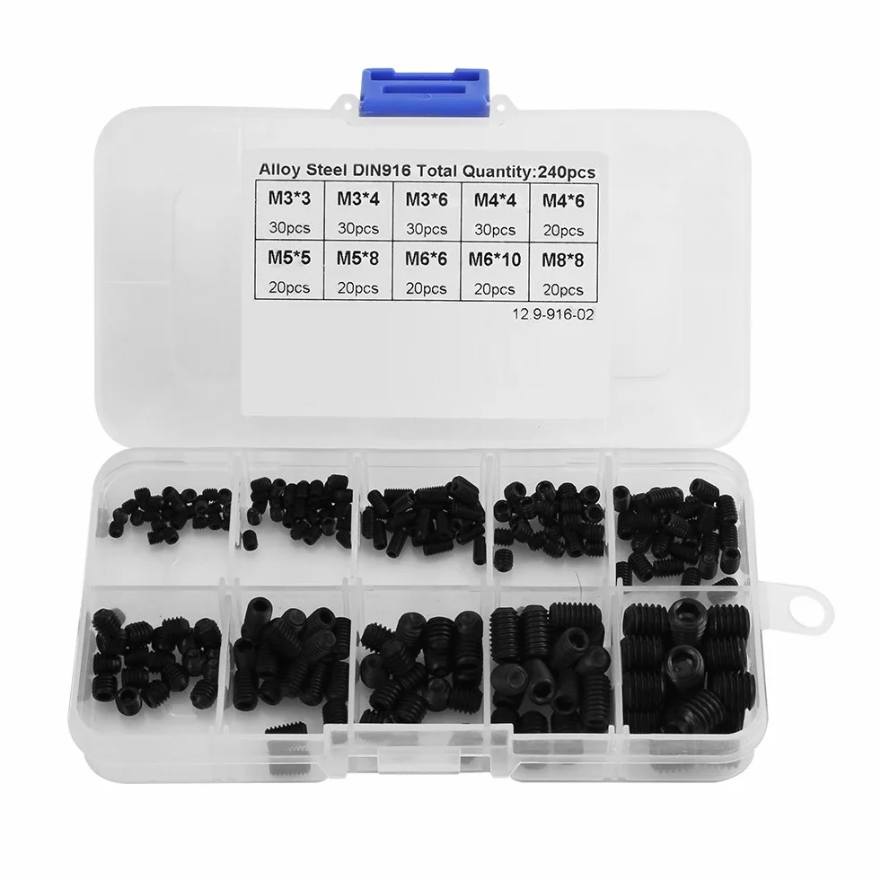 Śruby imbusowe ze stali nierdzewnej, zestaw 240 sztuk, śruby imbusowe Hex Screw, pasujące pudełko, DIN916 M3-M8, kompletny gwint, prosty model