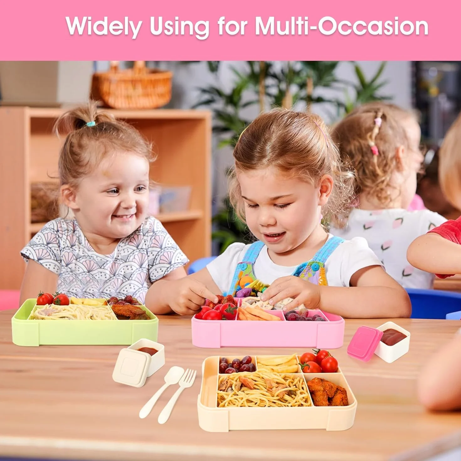 WECUTE Pudełko śniadaniowe dla dzieci, 1330 ml Bento Box Pudełko na lunch dla dzieci i dorosłych z 5 przegródkami i sztućcami Plastikowe pudełko na lunch pudełko na żywność bez BPA, do mikrofalówki