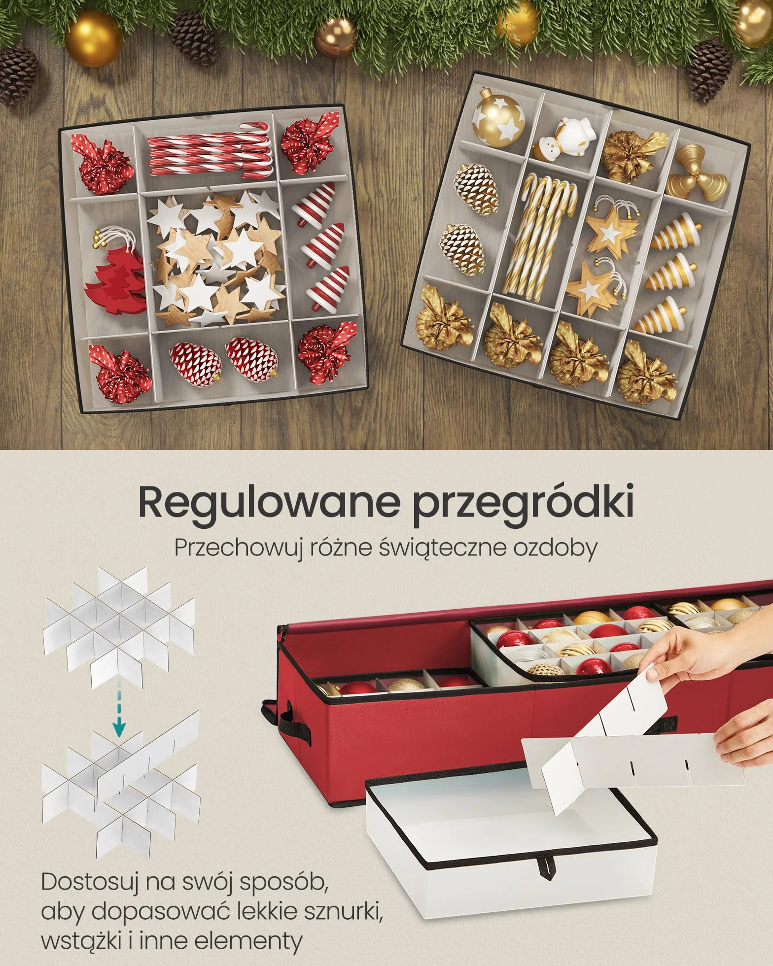 SONGMICS Pudełko na ozdoby świąteczne, 96 przegródek (po 7,6 cm każda), 96,5 x 33,5 x 17,5 cm, przegródki, tkanina Oxford, suwaki, kolor wiśniowo-czerwony RFB042R01