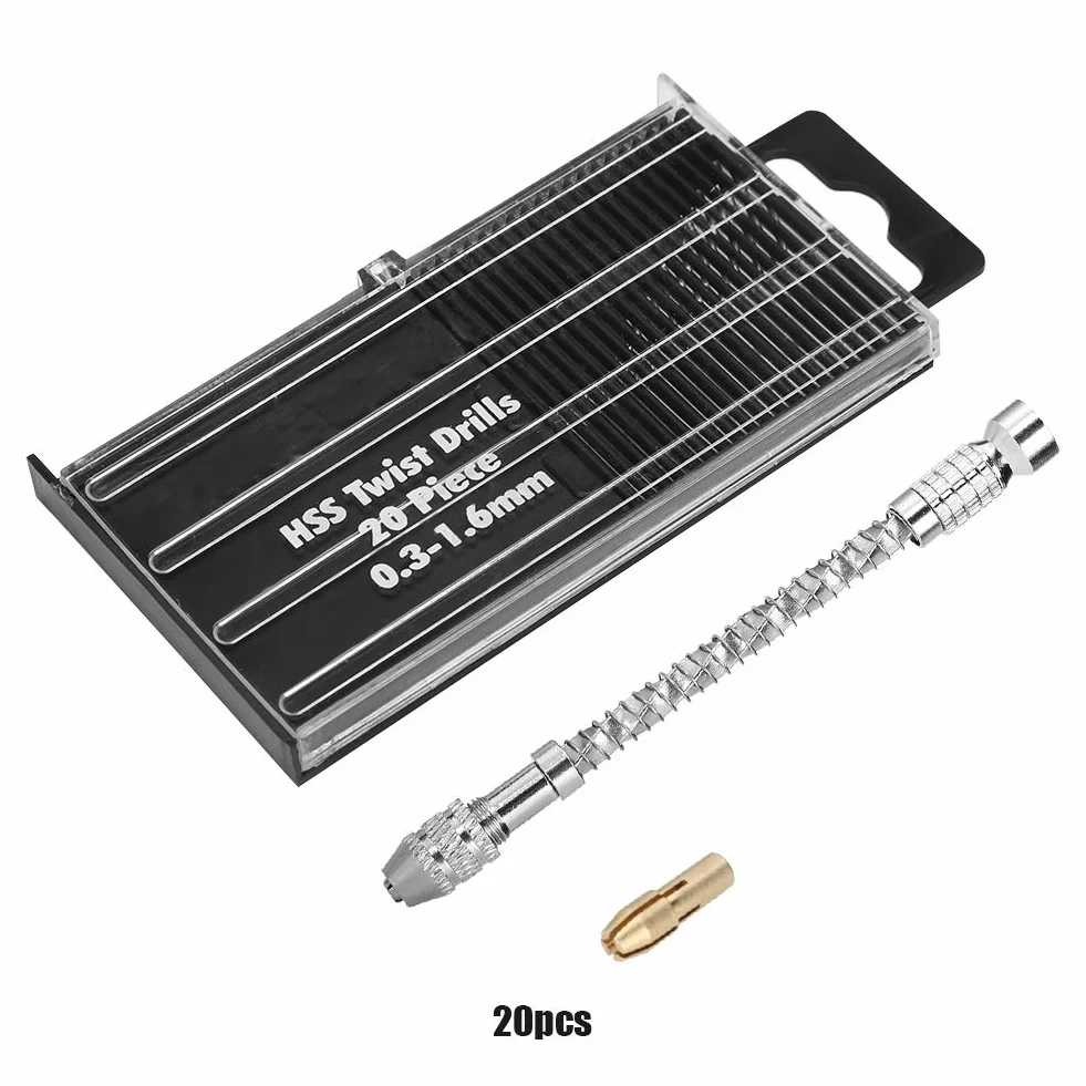 Zestaw 20 Mikro Wierteł Precyzyjnych z Ręcznym Uchwytem, 0.3-1.6mm, do Drewna, Biżuterii, Plastiku, Narzędzia DIY