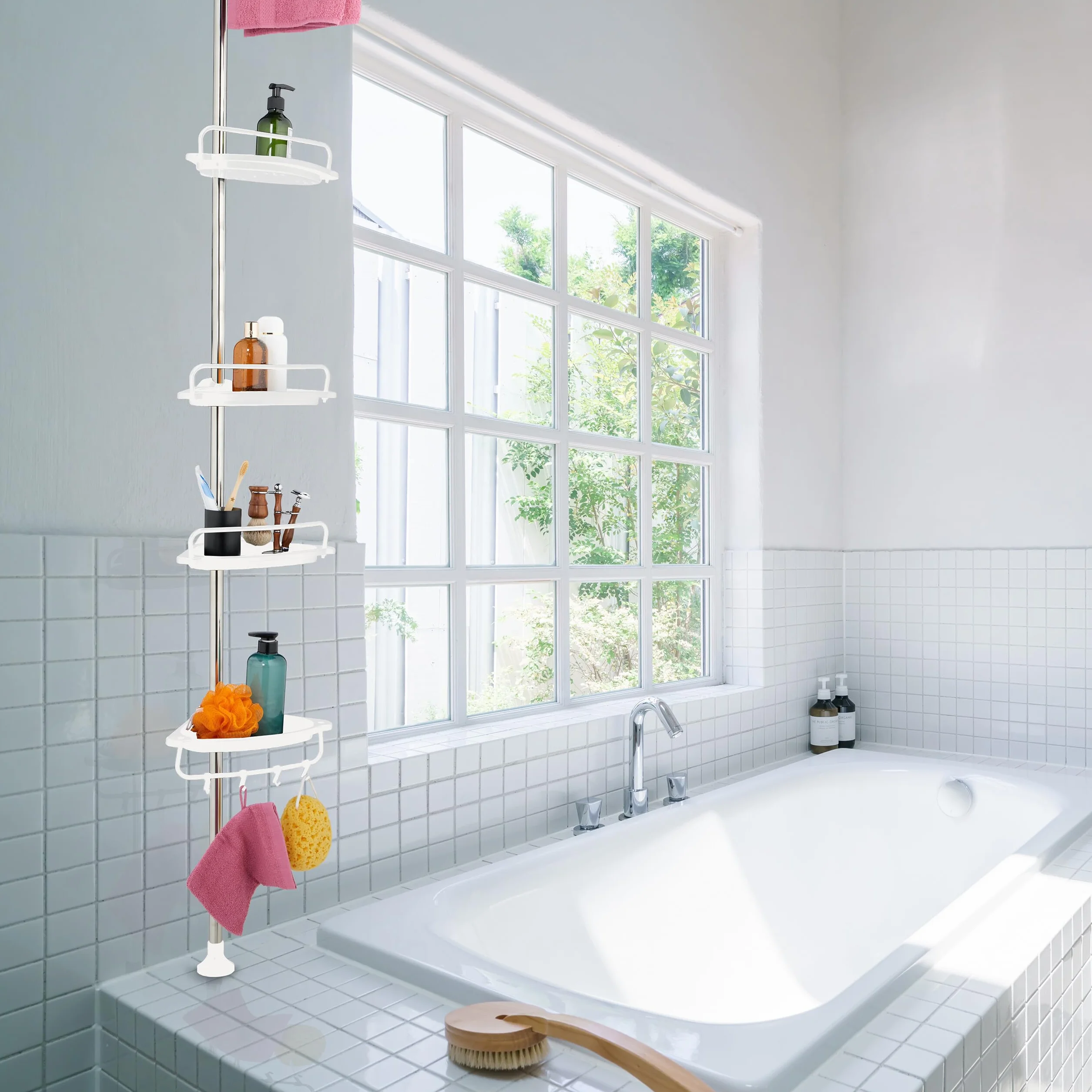 Relaxdays Teleskopowy regał prysznicowy, 99-311 cm, półka narożna, bez wiercenia, drążek napinający, z 4 półkami i drążkiem na ręczniki, biały, stal nierdzewna, tworzywo sztuczne
