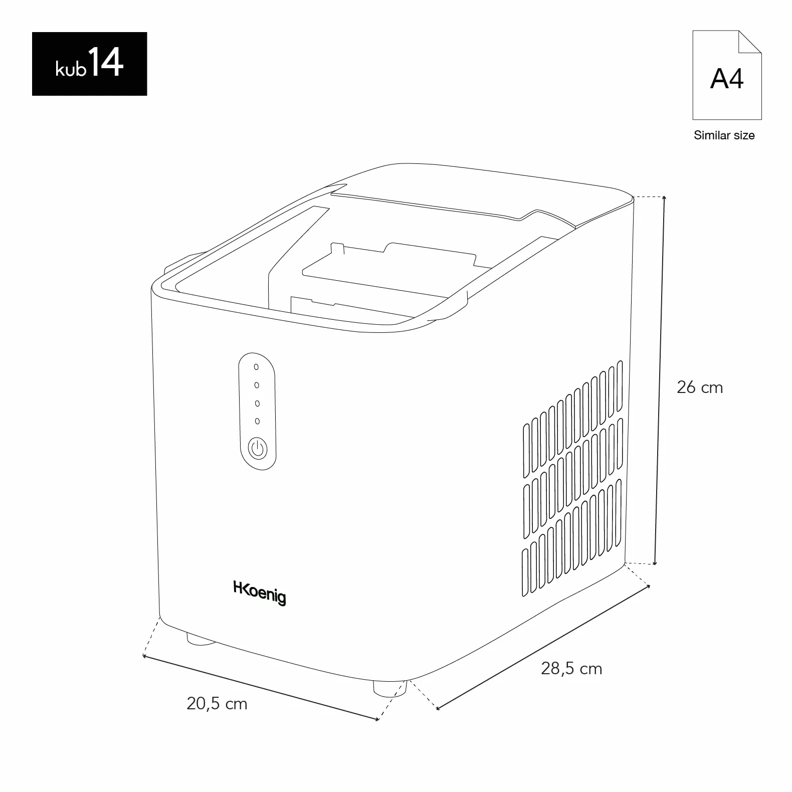 H.Koenig KUB14 automatyczna kostkarka do lodu, 12 kg/24h, 2 rozmiary, 1 L, 7 min, przenośna