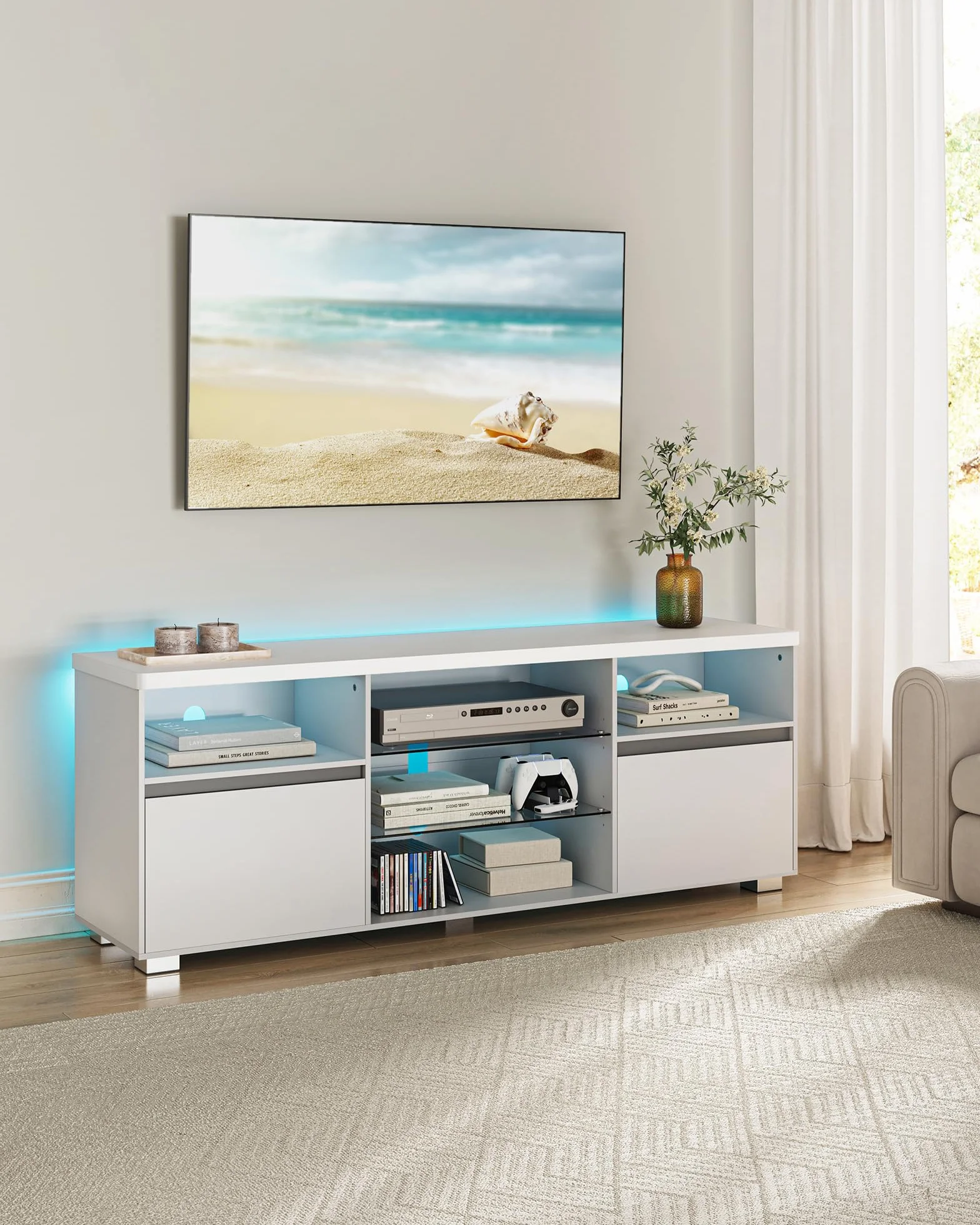Kolekcja VASAGLE KAILYN - szafka pod telewizor z oświetleniem LED, stół pod TV, stojak na telewizor do 70 cali, z otwartymi półkami, 2 szafki z drzwiami, 160 cm, do salonu, biały LTV331T10