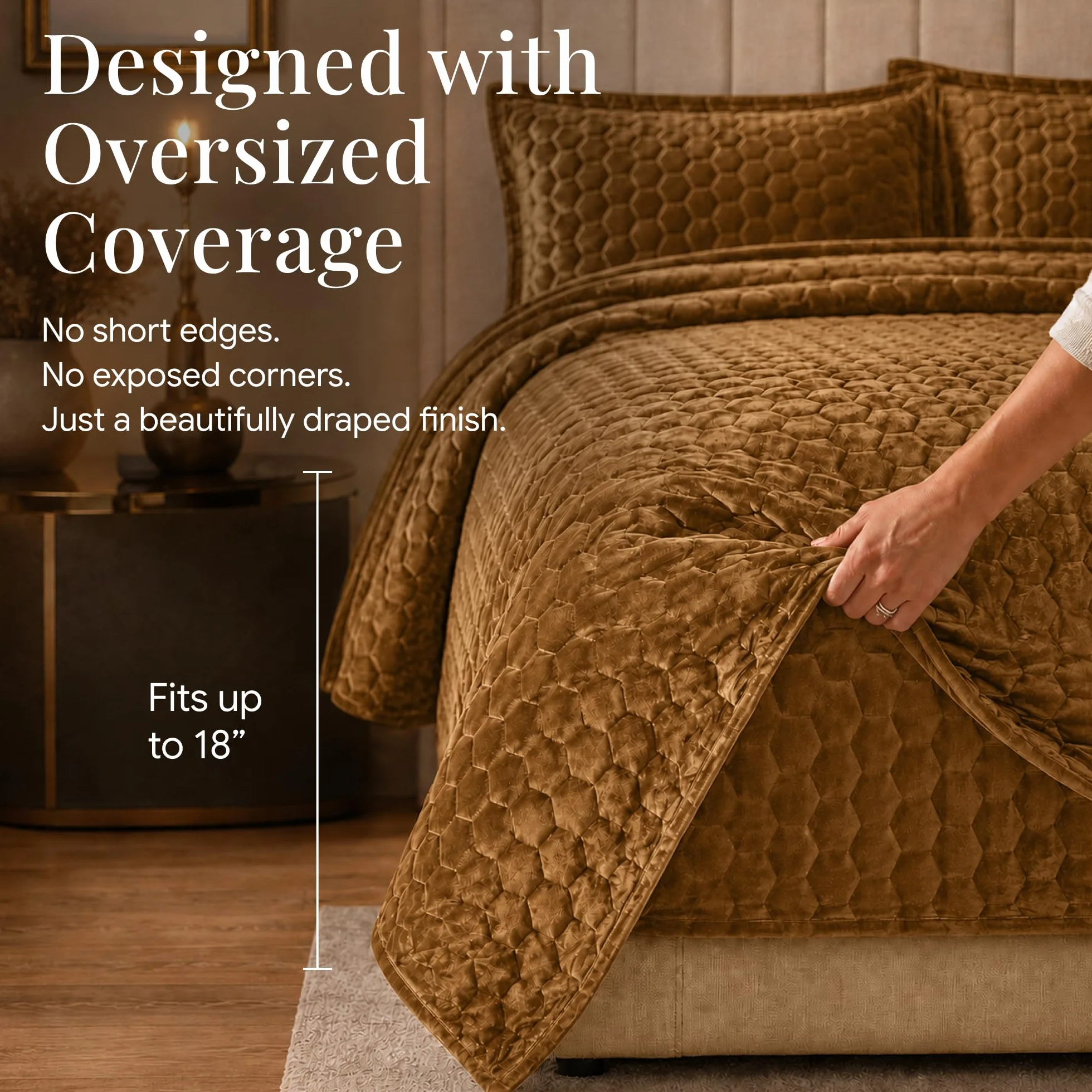 Tribeca Living Velvet Twin Quilt, Two-Piece Honeycomb Stitch Bedding Set Includes One Oversized Quilt & Sham Pillowcase, 260GSM Super Soft Velvet, Lugano/Camel