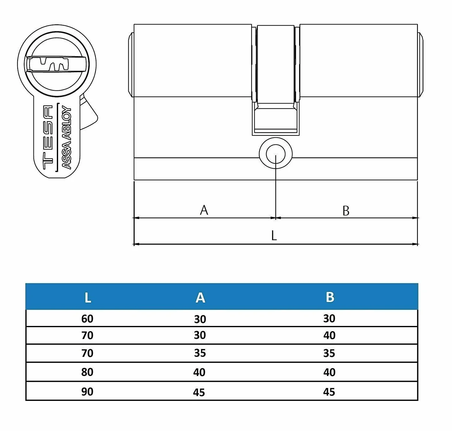 Tesa Assa Abloy T6553045N Bębenek do Zamków, Nikiel, 30 x 45 mm