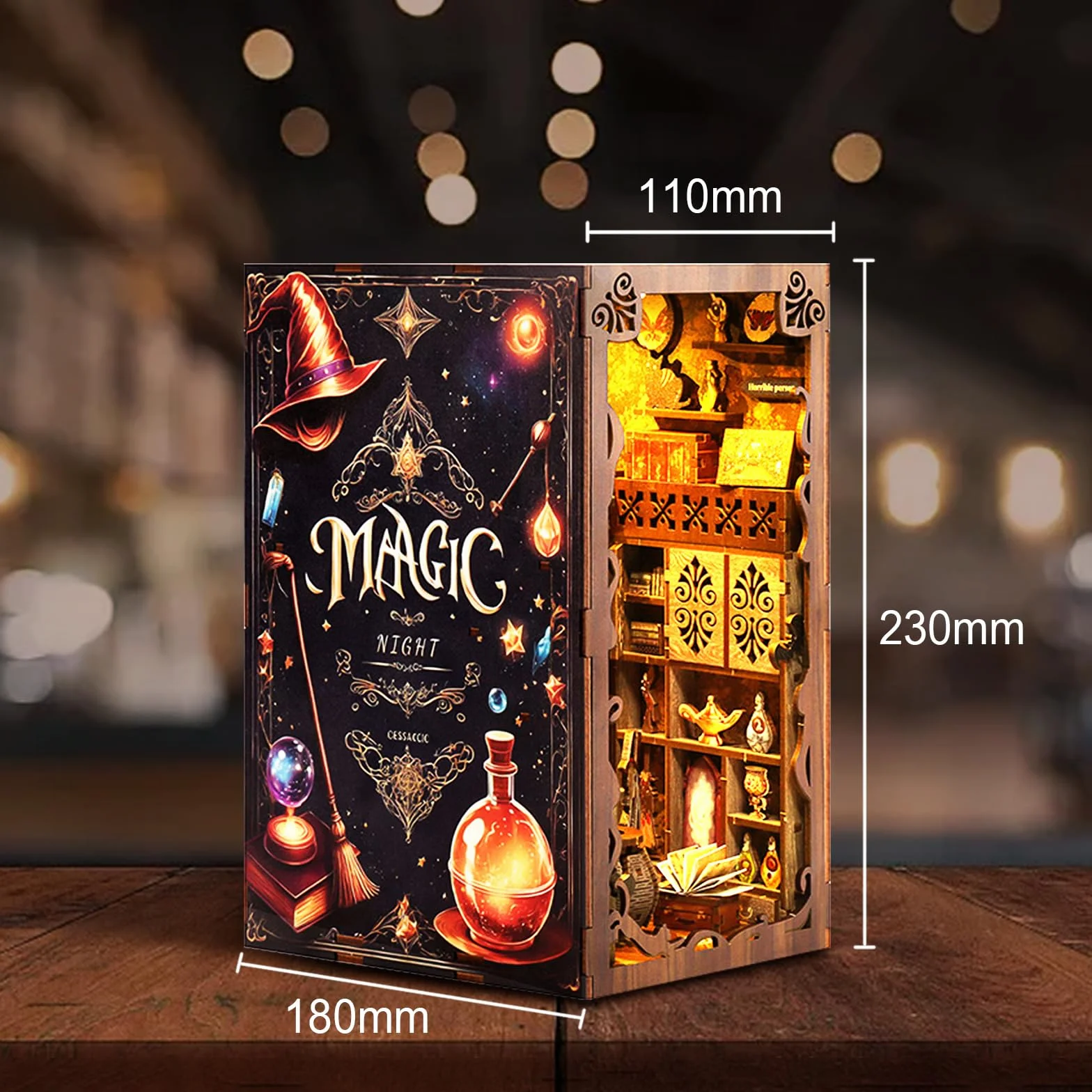Cuteefun DIY Book Nook Kit, miniaturowa wkładka do książek DIY, drewniana podpórka do książek 3D ze światłem LED, delikatna dekoracja, dorośli i młodzież (magiczna noc)