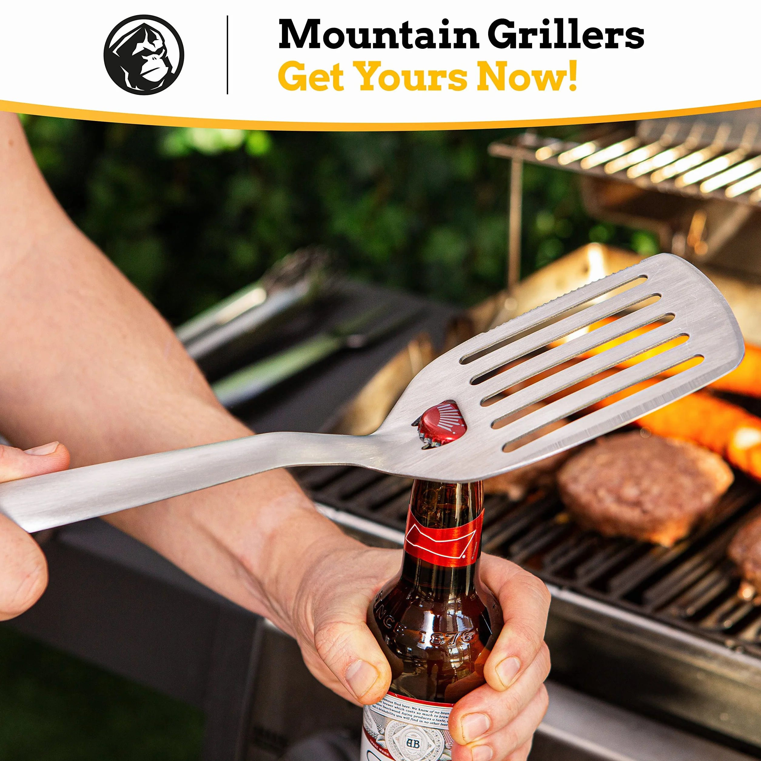 Mountain Grillers Zestaw narzędzi do grillowania – 3-pak przyborów do grillowania, trwałe akcesoria do grilla ze stali nierdzewnej, wyposażone w zamykane szczypce, szpatułkę z otwieraczem do piwa i