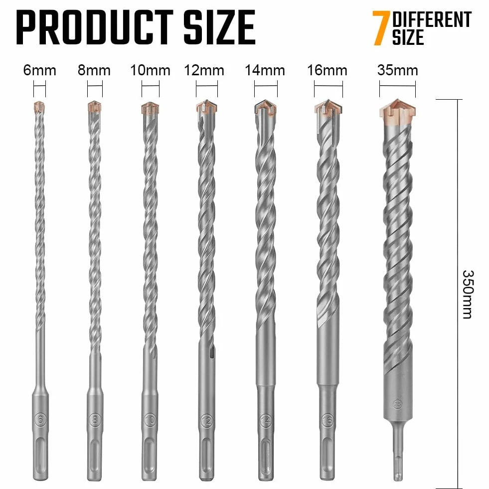 Flintronic Wiertła do wierteł, wiertło wiertnicze SDS PLUS, wiertło wiertnicze 6 x 350 mm, wiertło ścienne z czterema ostrymi końcówkami, odpowiednie do różnych materiałów, betonu, cegły, plastiku