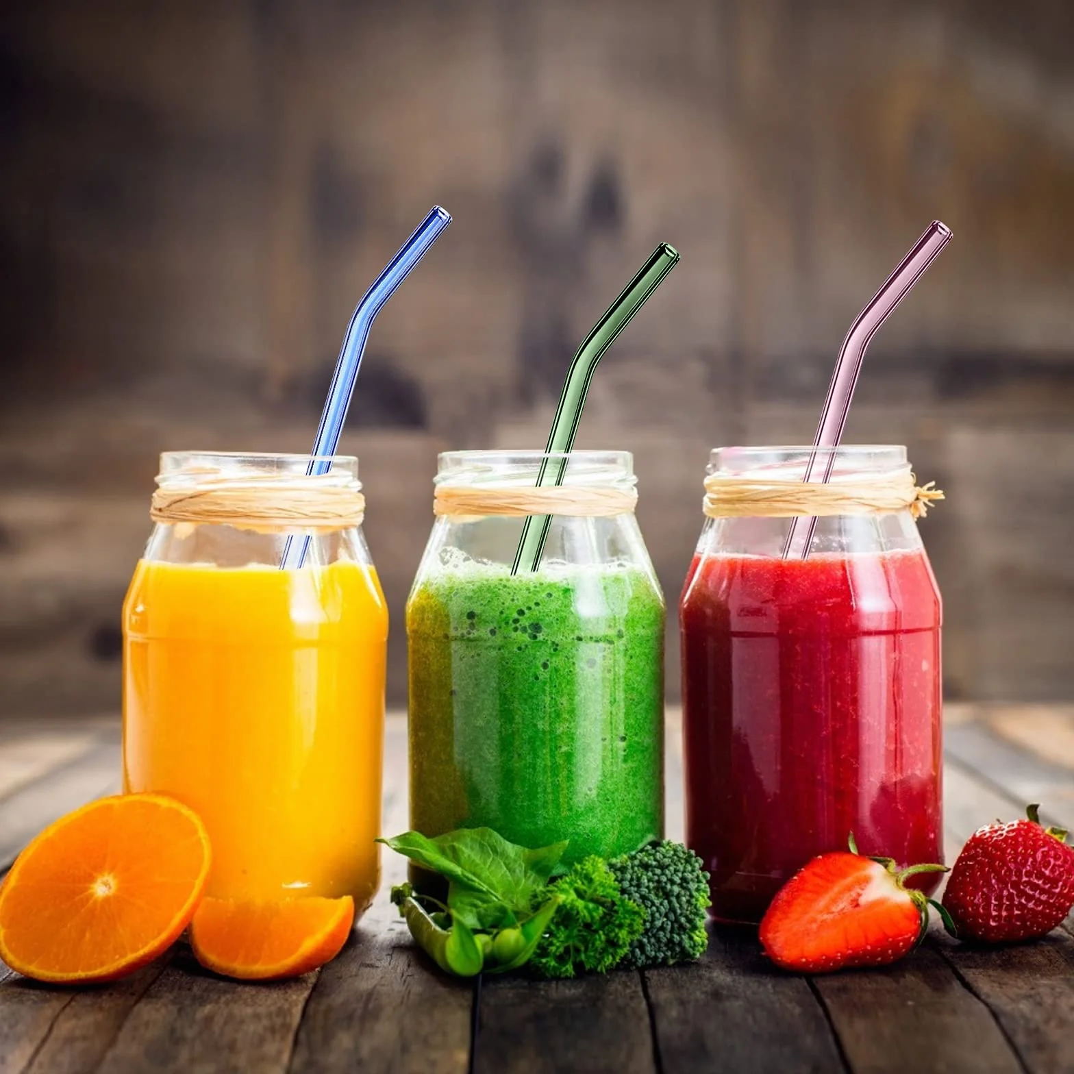 Szklane słomki wielokrotnego użytku, 8 kolorowych słomek szklanych, zakrzywione, z 2 szczotkami do czyszczenia szklanek, do koktajli, smoothie i soków. Słomki do picia, nadają się do mycia w zmywarce