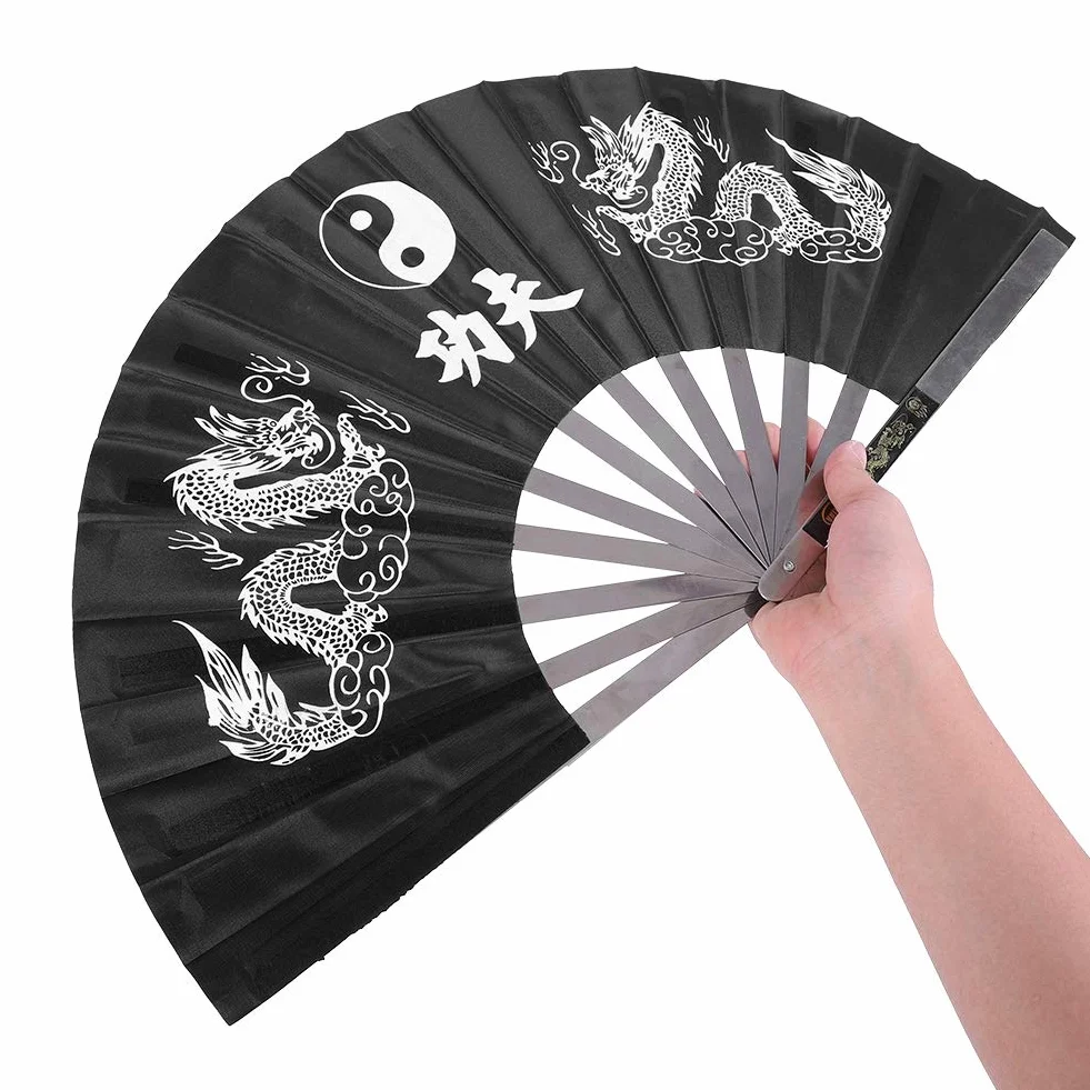 Wentylator SkłAdany ze Stali Nierdzewnej ChińSki Wentylator Tai Chi Sztuki Walki Wentylator Walki Kung Fu dla MężCzyzn i Kobiet Wydajność, Taniec, Dekoracje 64 X 35 Cm (Czarny)