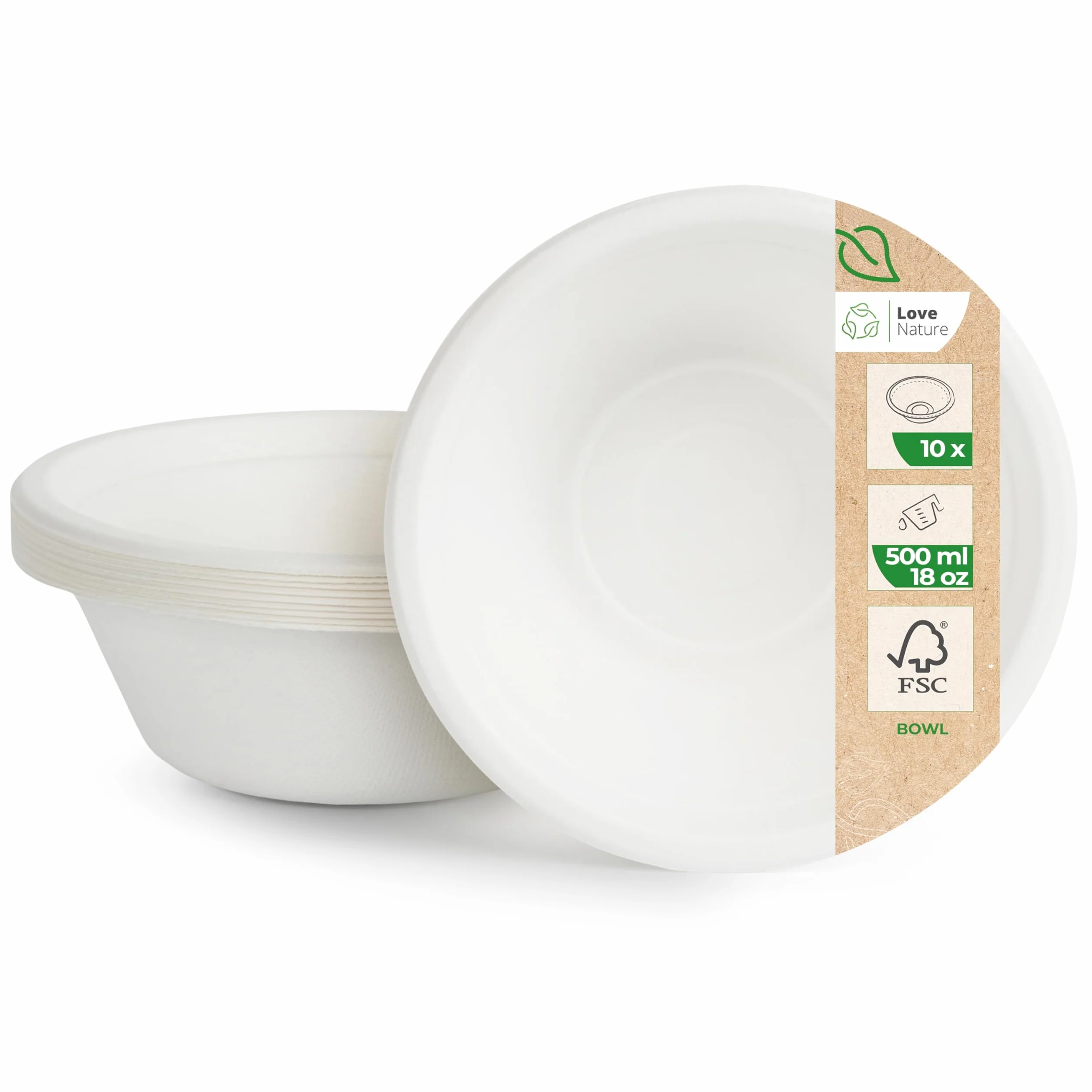 Love Nature Miski Jednorazowe z Pulpy Trzciny Cukrowej 500 ml 10 sztuk Ekologicznych Biodegradowalnych