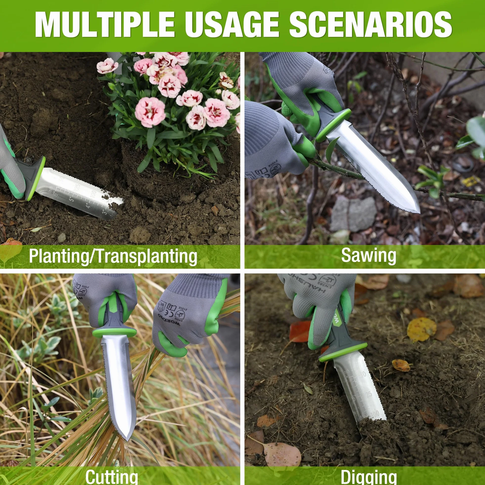 WORKPRO Hori Hori Garden Knife, 7" Stainless Steel Blade with Cutting Edge, Garden Tools with Oxford Sheath, Ergonomic TRP Handle with Hanging Hole for Weeding, Planting, Digging, Green