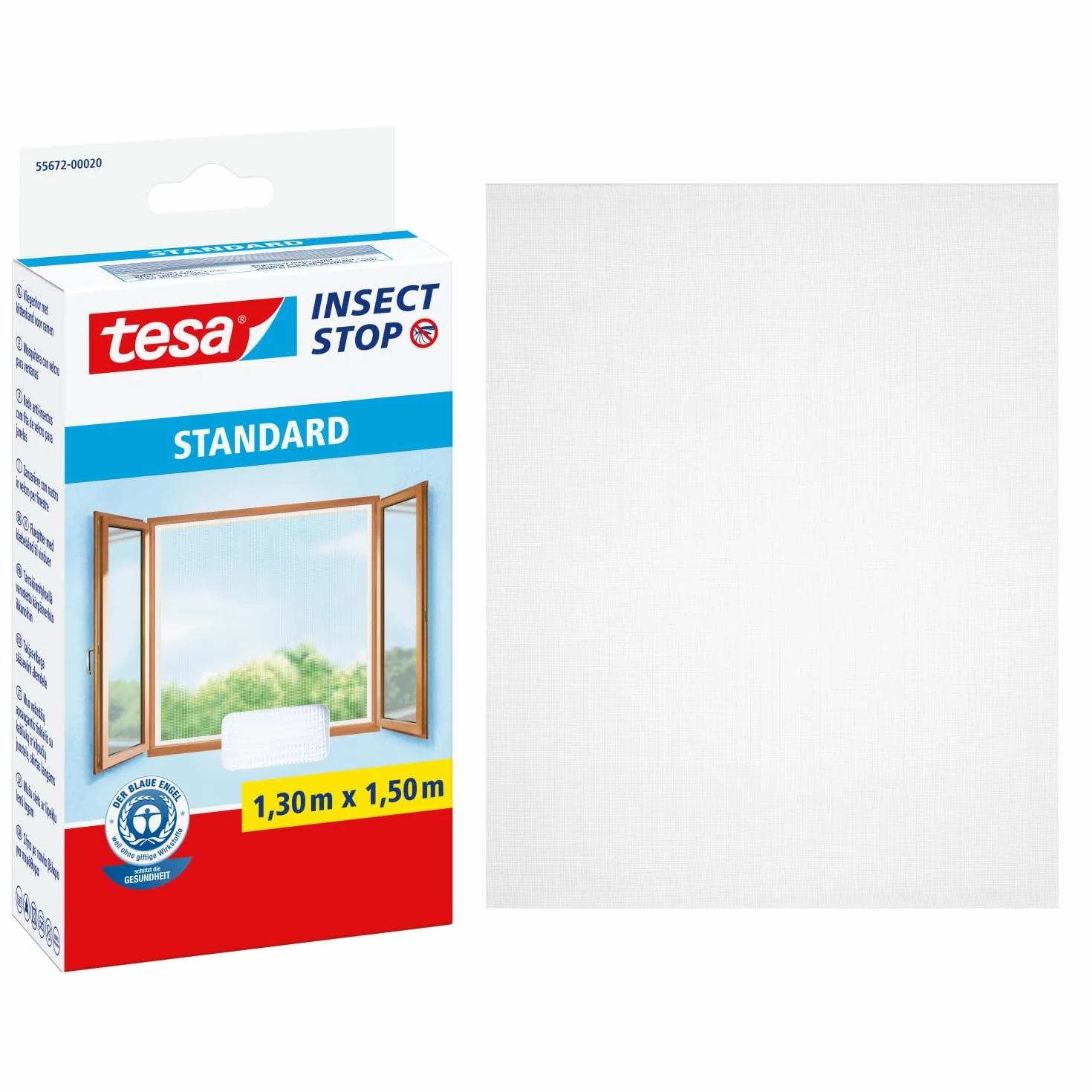 tesa INSECT STOP H&L Fly Screen for Window - siatka z taśmą rzepową, przycinana na wymiar, bez wiercenia - 1 siatka - 130 x 150 cm - biały