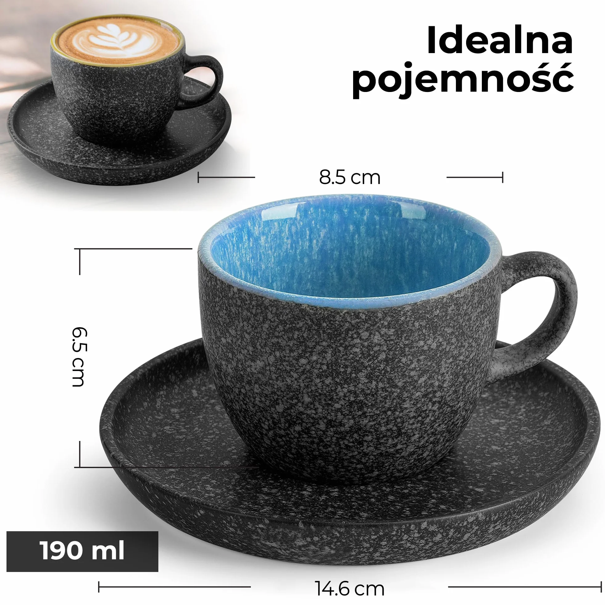 MIAMIO Ceramiczny kubek do cappuccino 190 ml zestaw 6 sztuk ze spodkami i metalowym stojakiem