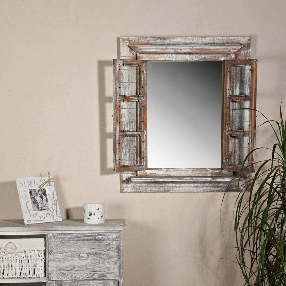 Melko lustro ścienne z okiennicami, 64 x 54 cm, Shabby Chic, okno z lustrem i półką, może być używane jako ramka na zdjęcia 13 x 13 cm