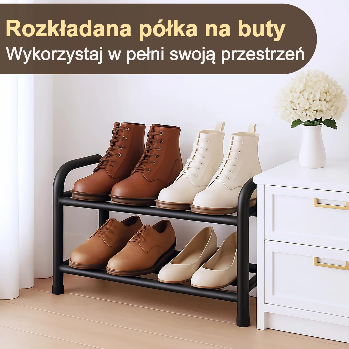 MIKOYO 2 Poziomowa Rozkładana Wąska Półka na Buty, Czarny Metal, Regulowana Szerokość 43–78 cm, Stojak do Przechowywania Butów, Idealny do Szaf, Wąskich Przestrzeni, Przedpokoju, Korytarza, Sypialni