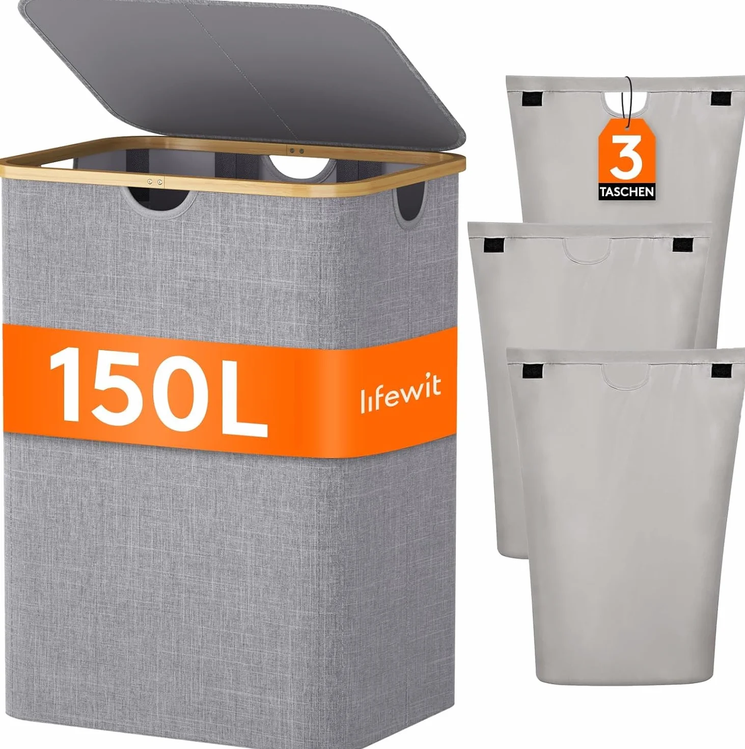 Lifewit Kosz na Pranie z Wyjmowanymi Workami, Duży Składany Laundry Basket z Bambusa z Pokrywą, Kosz na Pranie do Sypialni, Łazienki,Pralni, 3 Komory, 150L, Jasnoszary