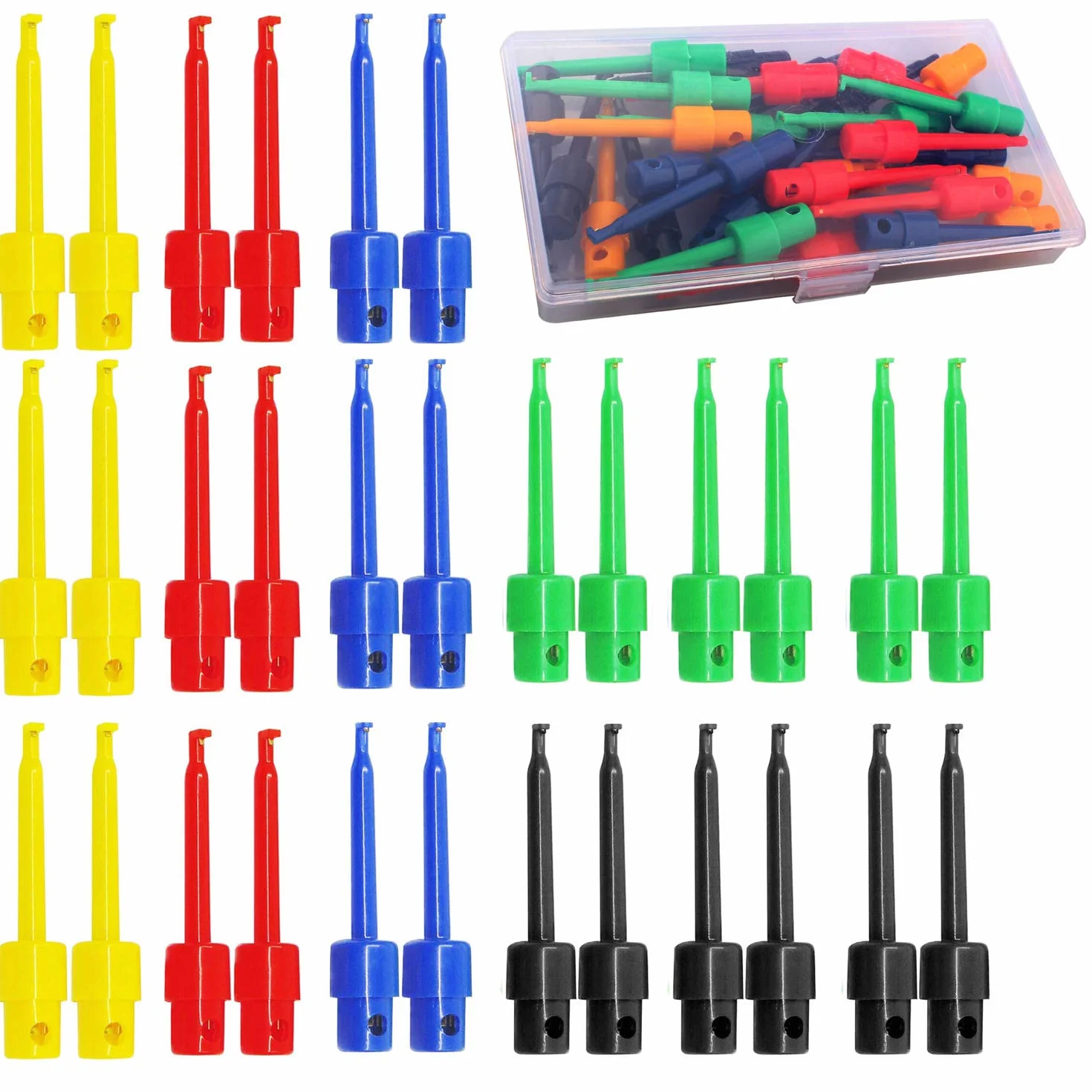 RUNCCI-YUN 30 szt. Mini zacisk sprężynowy z hakiem testowym, multimetr przewód testowy klips elektroniczny mini sonda testowa, chwytak sondy, do PCB SMD IC (czerwony, niebieski, czarny, żółty, zielony
