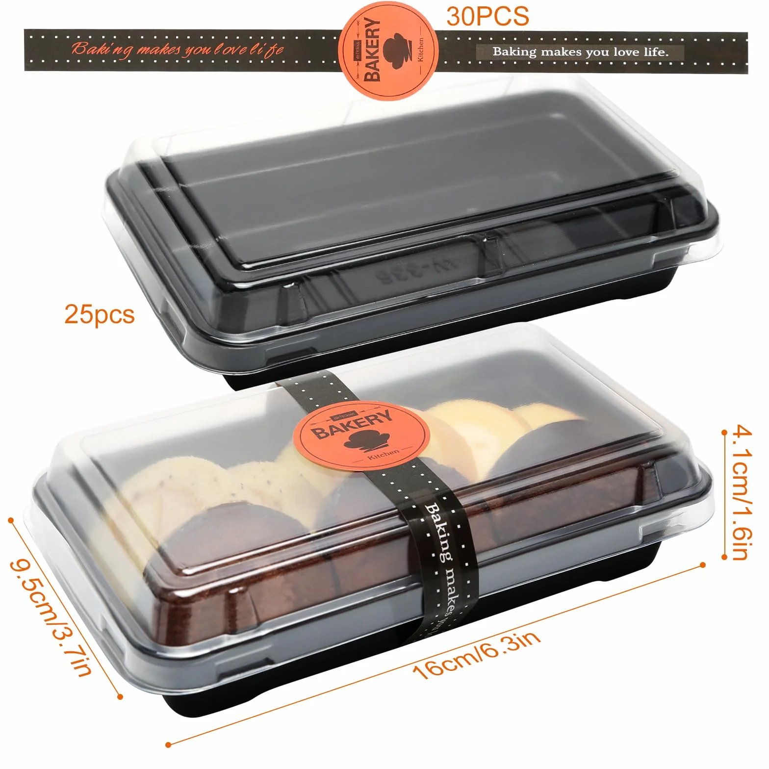 Plastikowe pudełka na ciasto 16x9.5cm z przezroczystymi pokrywkami, zestaw 25 sztuk