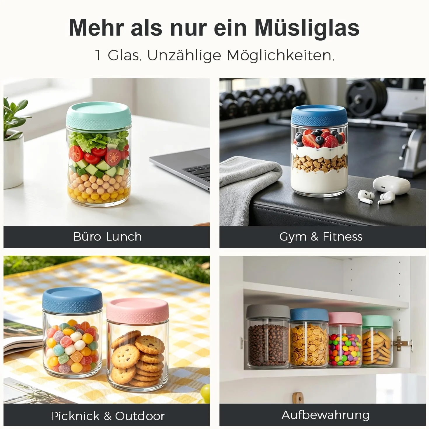 ComSaf Zestaw 4 szklane kubki na wynos 500ml z plastikową pokrywką