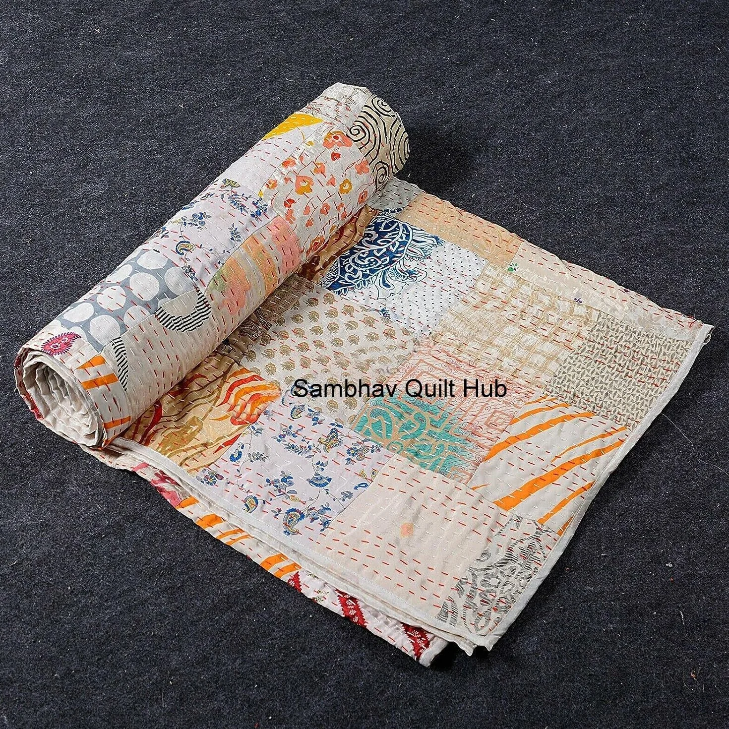 Ręcznie robiona kołdra w stylu vintage, jedwabne sari, patchworkowa, kantha, vintage, dekoracyjna narzuta na łóżko, pikowanie, hipisowskie, kołdry, duże rozmiary, pościel, patchwork, koc, 152 x 229 cm