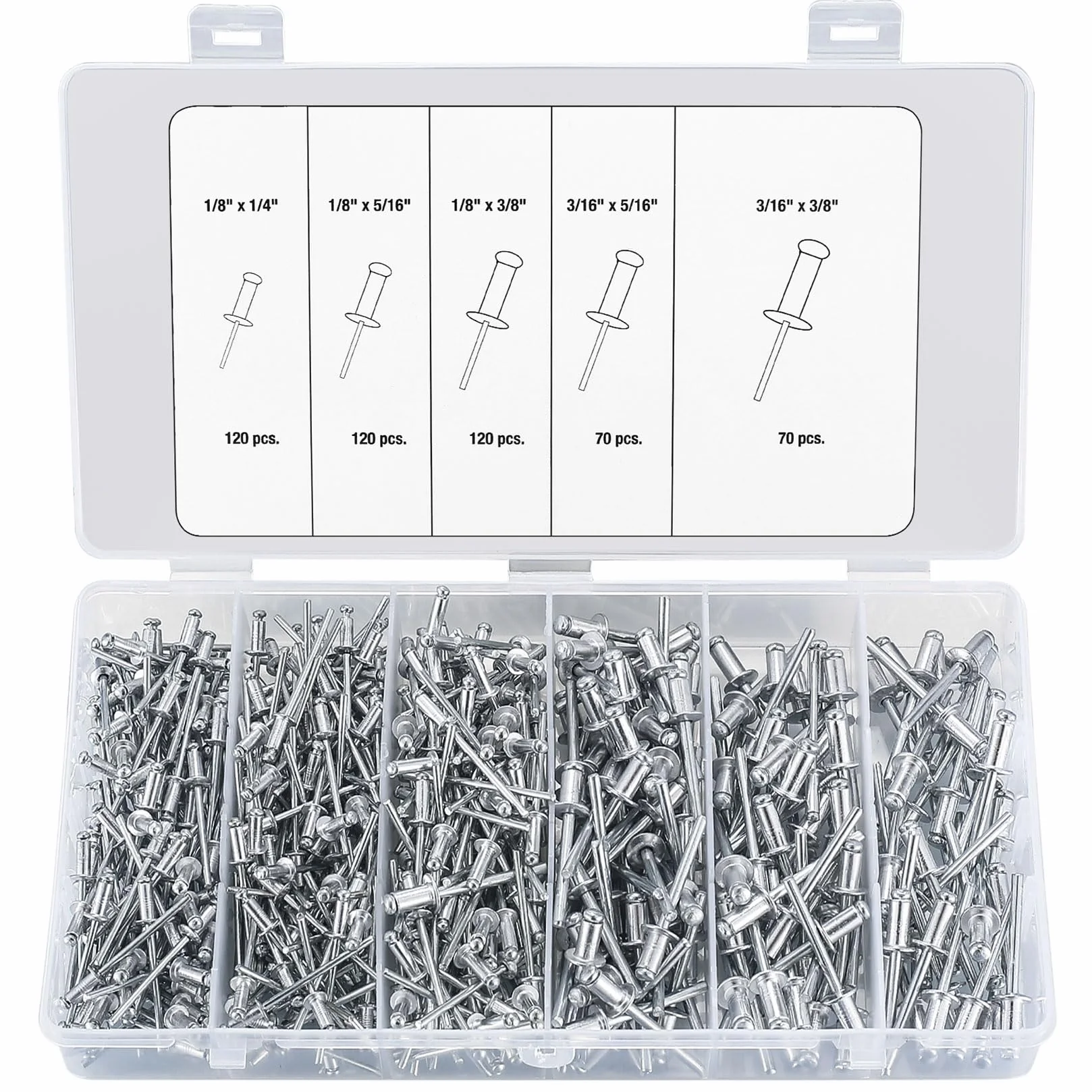 Zestaw nitów zrywalnych, aluminiowe nity zrywalne, 500 szt. aluminium/stal, 5 rozmiarów nitów popowych, płaskich łeb do metalu, drewna, tworzywa sztucznego, 3,2 mm i 4,8 mm