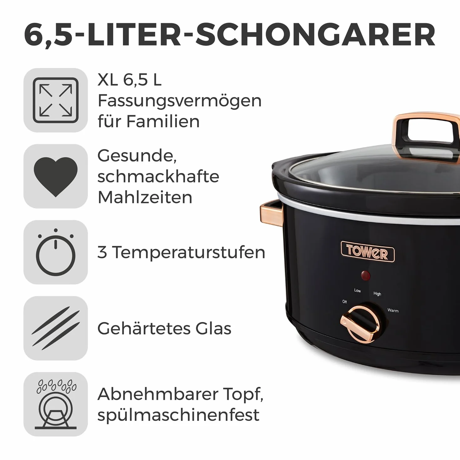 Tower T16019RG Slow Cooker Infinity z 3 ustawieniami gotowania i funkcją utrzymywania ciepła, urządzeń kuchennych, 6,5 l, 270 W, czarno-różowe złoto