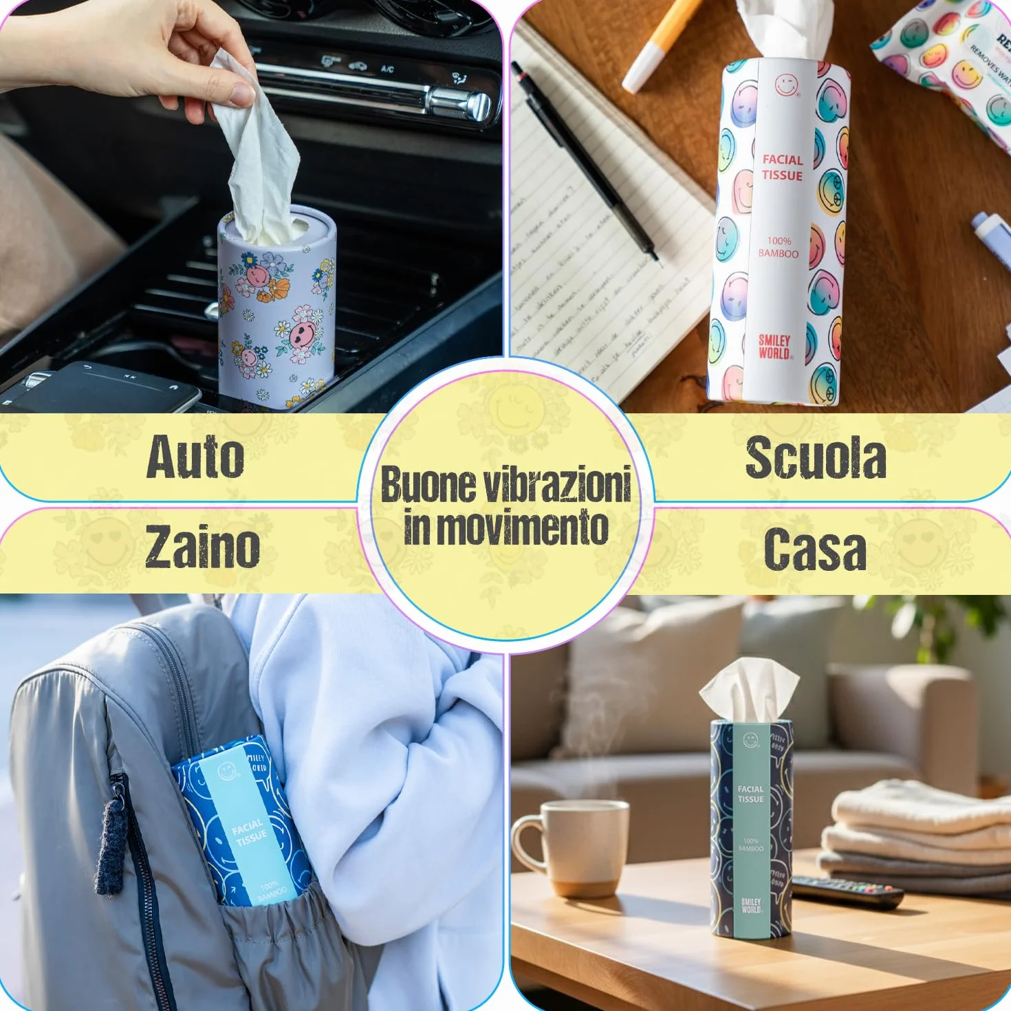 100% bambusowy cylinder na chusteczki - Smiley World Design - przenośny do samochodu, domu, plecaka, fotelika dziecięcego, szkoły - ekologiczne chusteczki biodegradowalne (4)