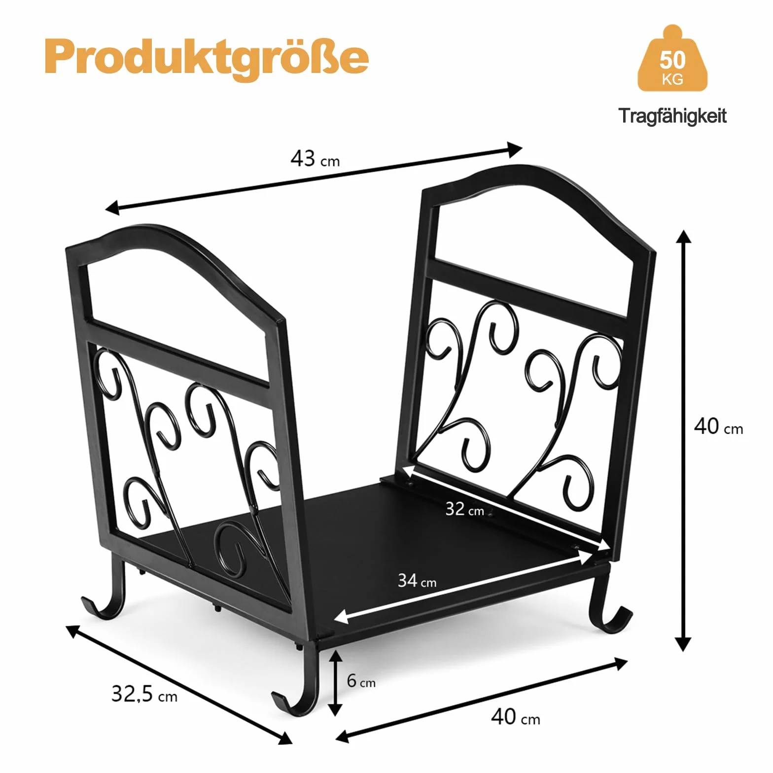 COSTWAY Metalowy regał na drewno kominkowe, regał opałowy ze stabilnym cokolem i uchwytami, stojak do użytku wewnątrz i na zewnątrz, 43 x 32,5 x 40 cm